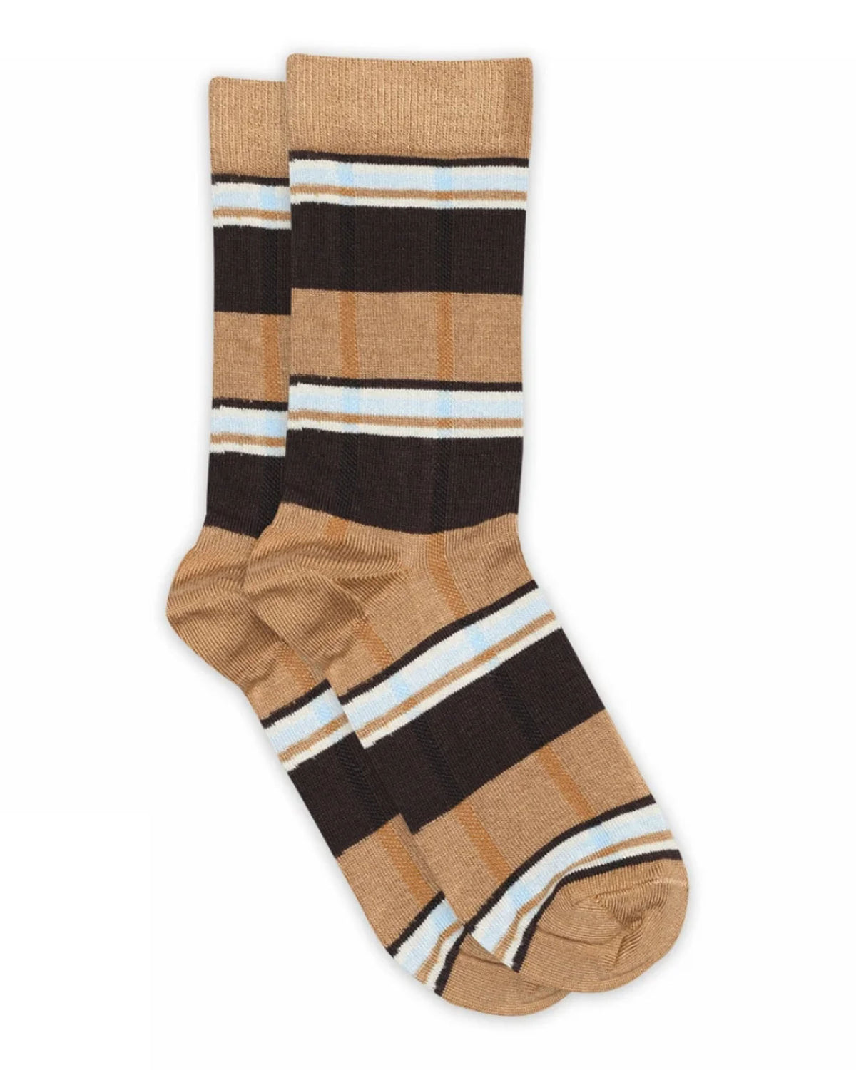 Crew cotton socks with camel and brown vertical stripes.