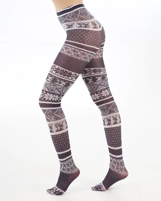 Pamela Mann Fairisle Tights - White semi-opaque tights with a black fairisle print pattern of reindeers and snowflakes. Perfect for Christmas.
