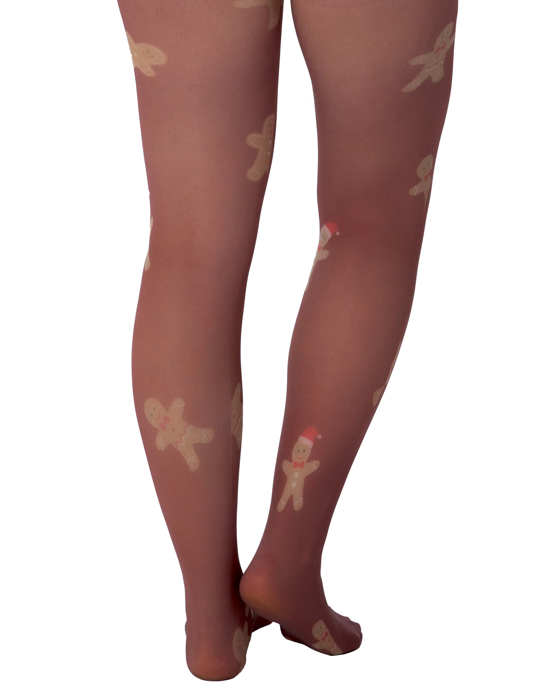 Pamela Mann Gingerbread Tights - White opaque fashion tights with an all over gingerbread man pattern with burgundy coloured background. Back view.