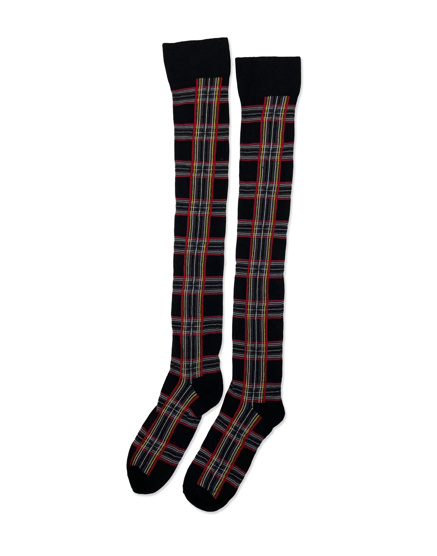 Pamela Mann Tartan Over-Knee Socks - Black cotton mix over the knee long socks with a plaid check pattern in red, yellow and grey.