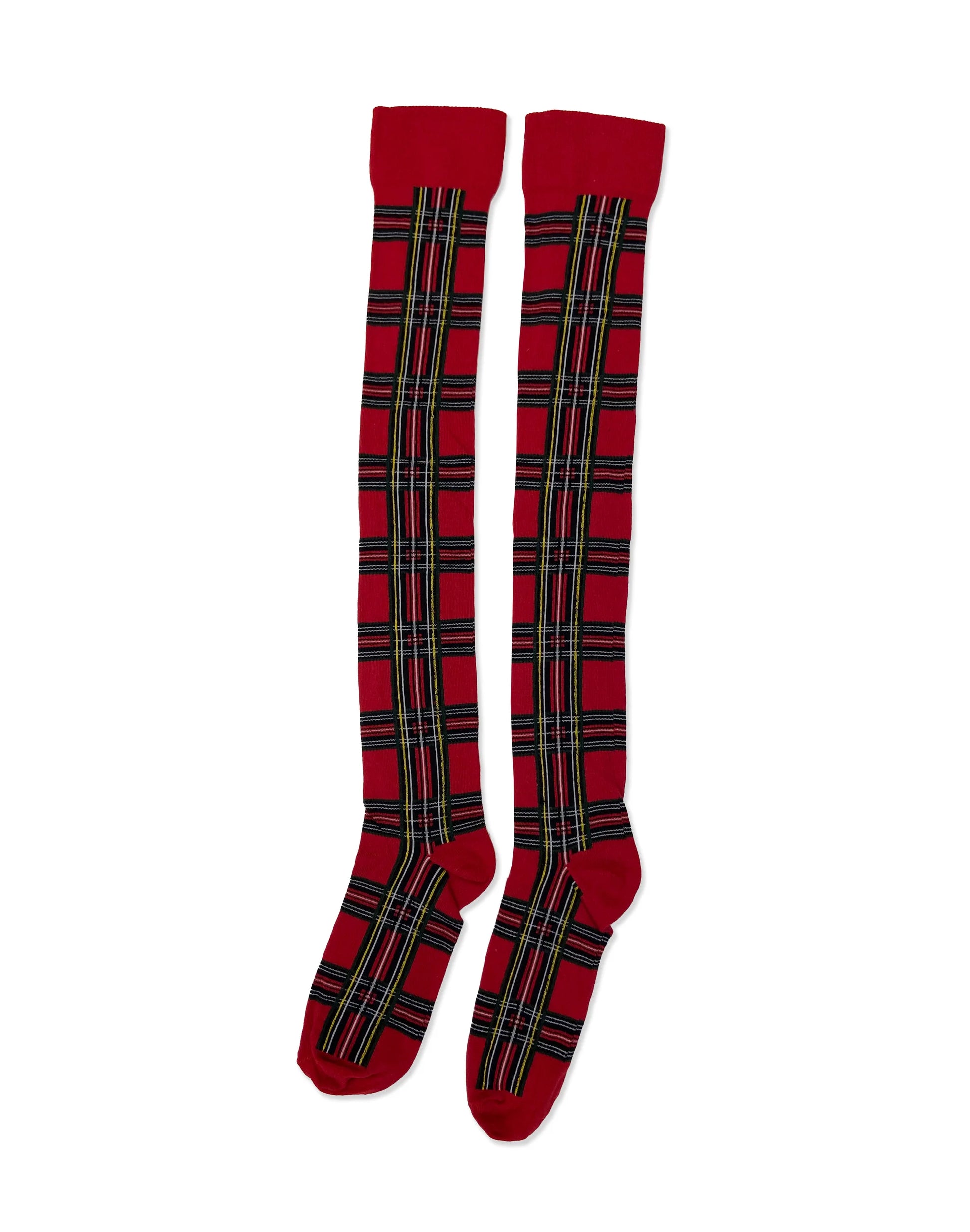 Pamela Mann Tartan Over-Knee Socks - Red cotton mix over the knee long socks with a plaid check pattern in black, yellow and green.