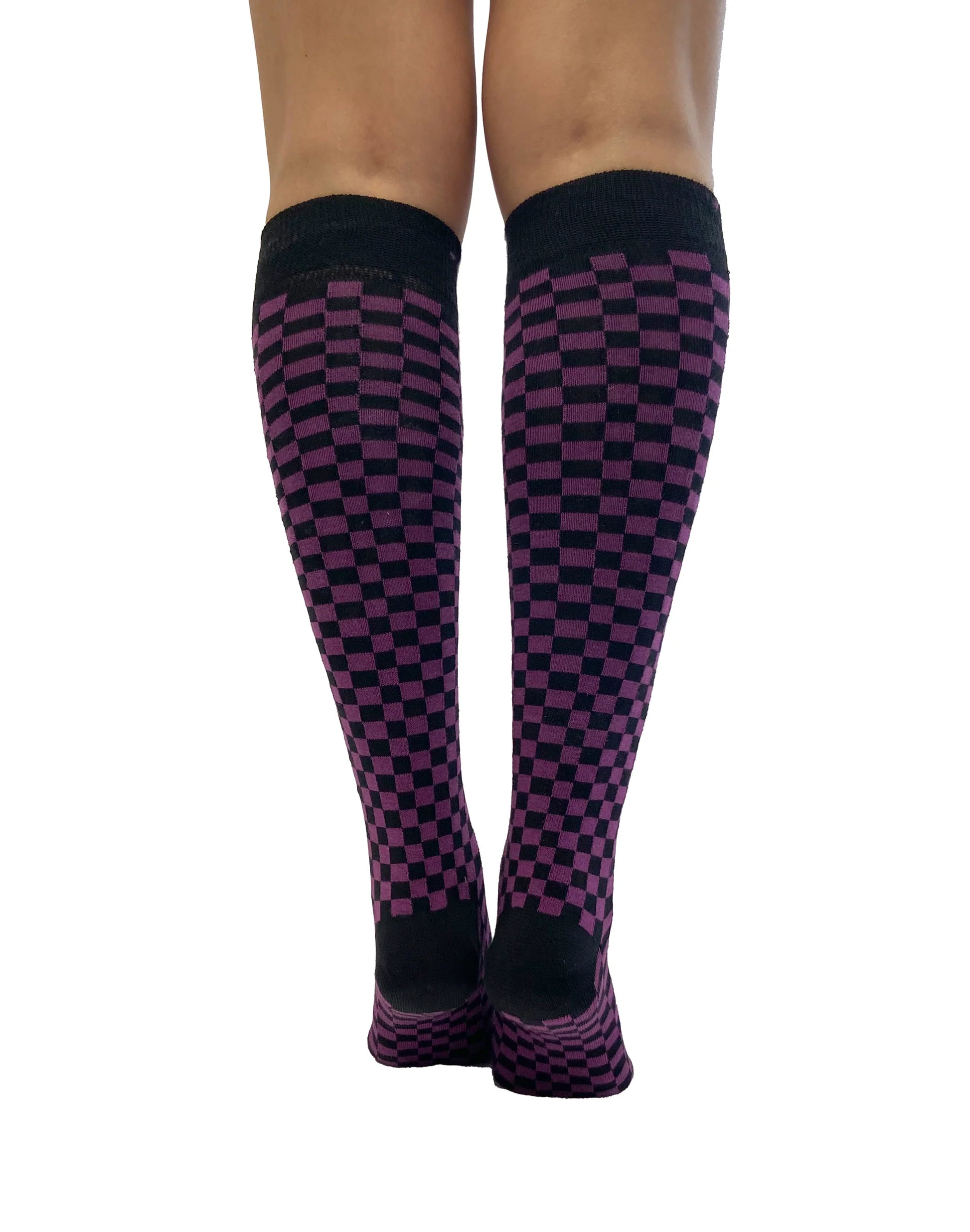Pamela Mann Checkered Knee-Highs - Black and purple checkered square patterned knee-high cotton socks with black cuff, toe and heel.