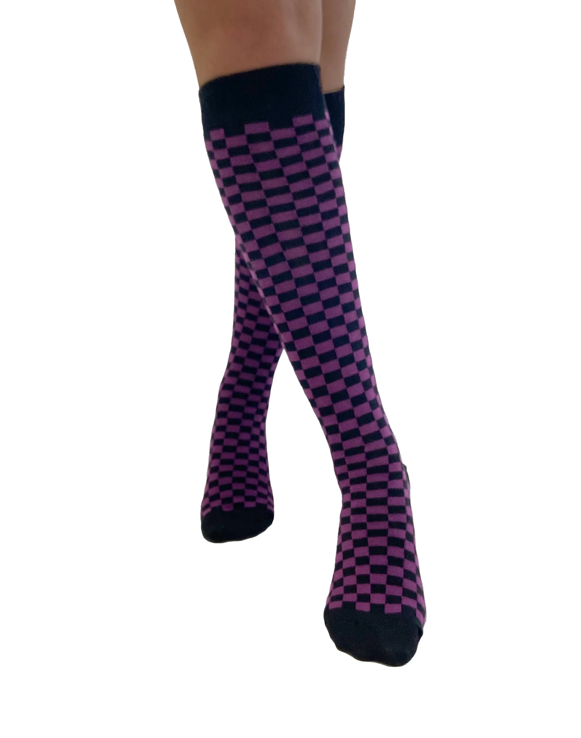 Pamela Mann Checkered Knee-Highs - Black and purple checkered square patterned knee-high cotton socks with black cuff, toe and heel.