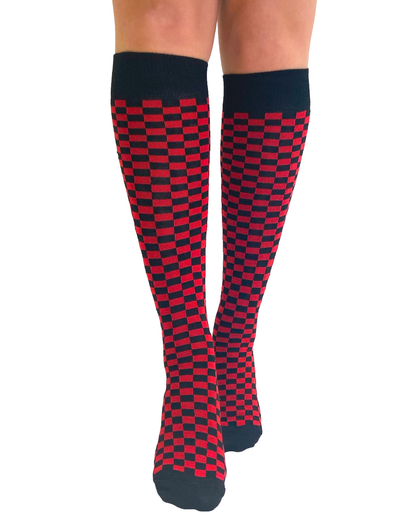 Pamela Mann Checkered Knee-Highs - Black and red checkered square patterned knee-high cotton socks with black cuff, toe and heel.