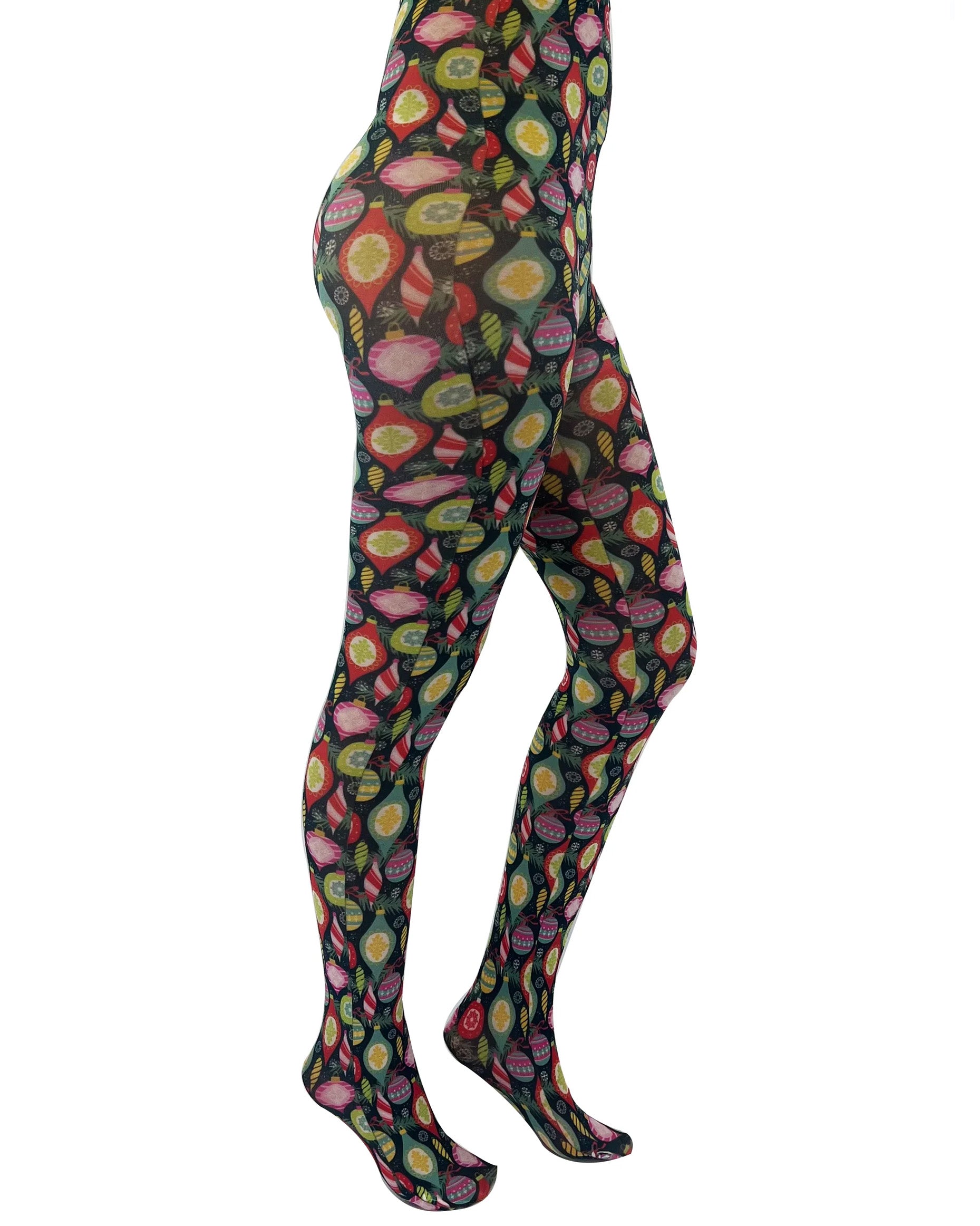 Pamela Mann Christmas Bauble Printed Tights - Xmas themed printed tights of multicoloured bauble tree decorations on a black background.