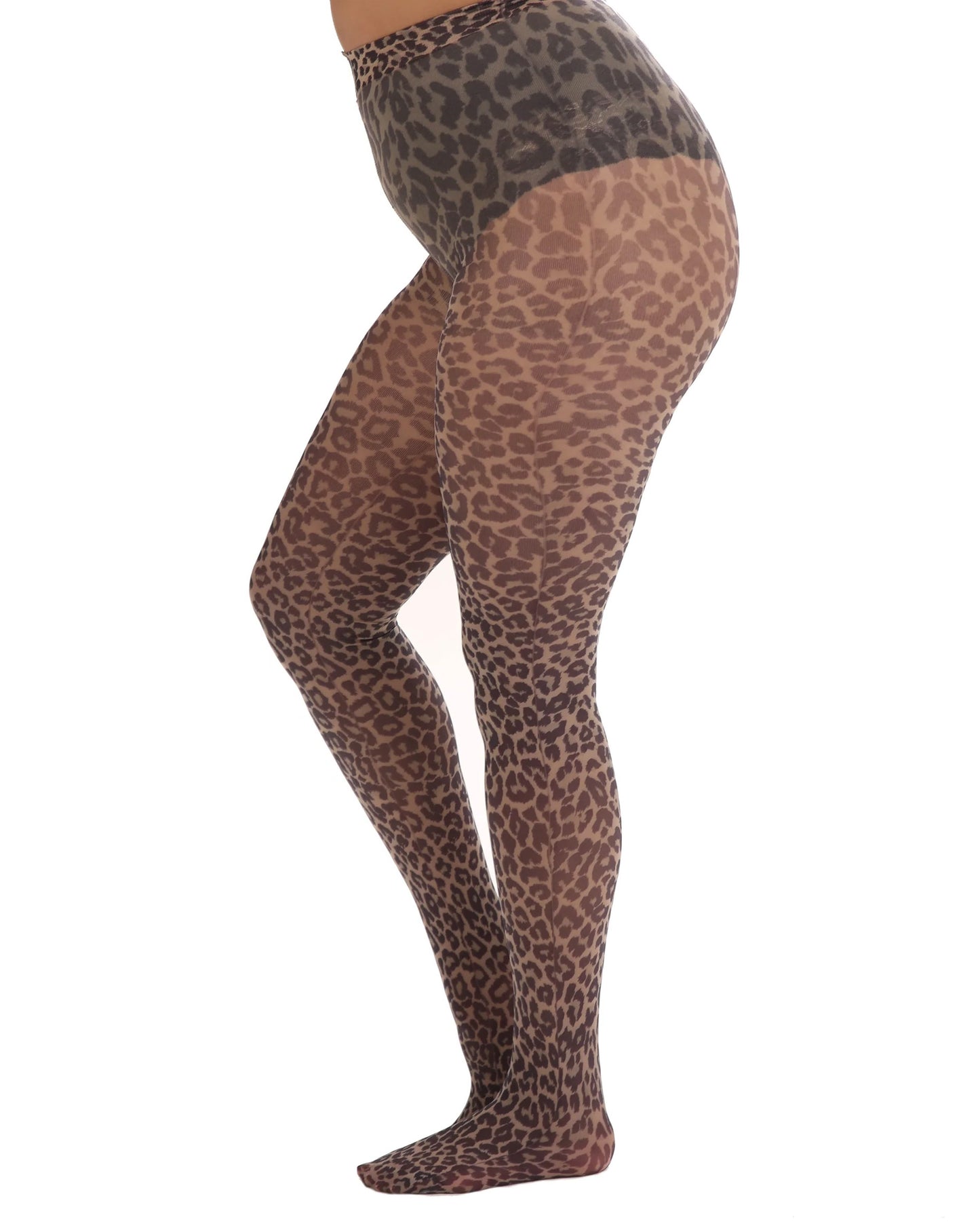 Pamela Mann Leopard Curvy Tights - White super stretch curvy plus size tights with an all over leopard print pattern in shades of brown, nude and black, side view.