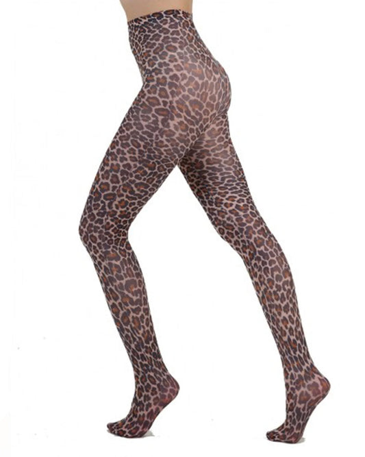 Pamela Mann Leopard Print Tights - nude opaque tights with a brown and black animal print pattern. Side view.
