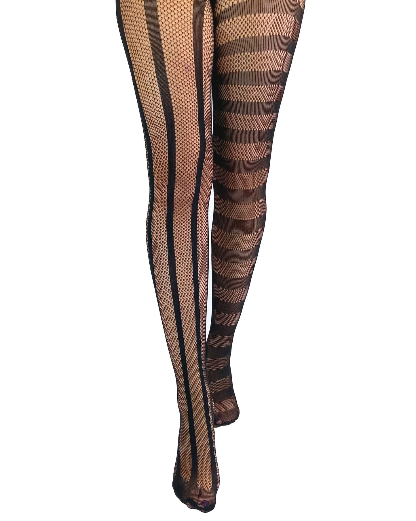 Pamela Mann Opposite Net Tights - Soft openwork mismatched tights featuring vertical stripes on one leg and horizontal on the other, offering an edgy twist to any outfit with all-day comfort and a flexible, stretchy waistband.