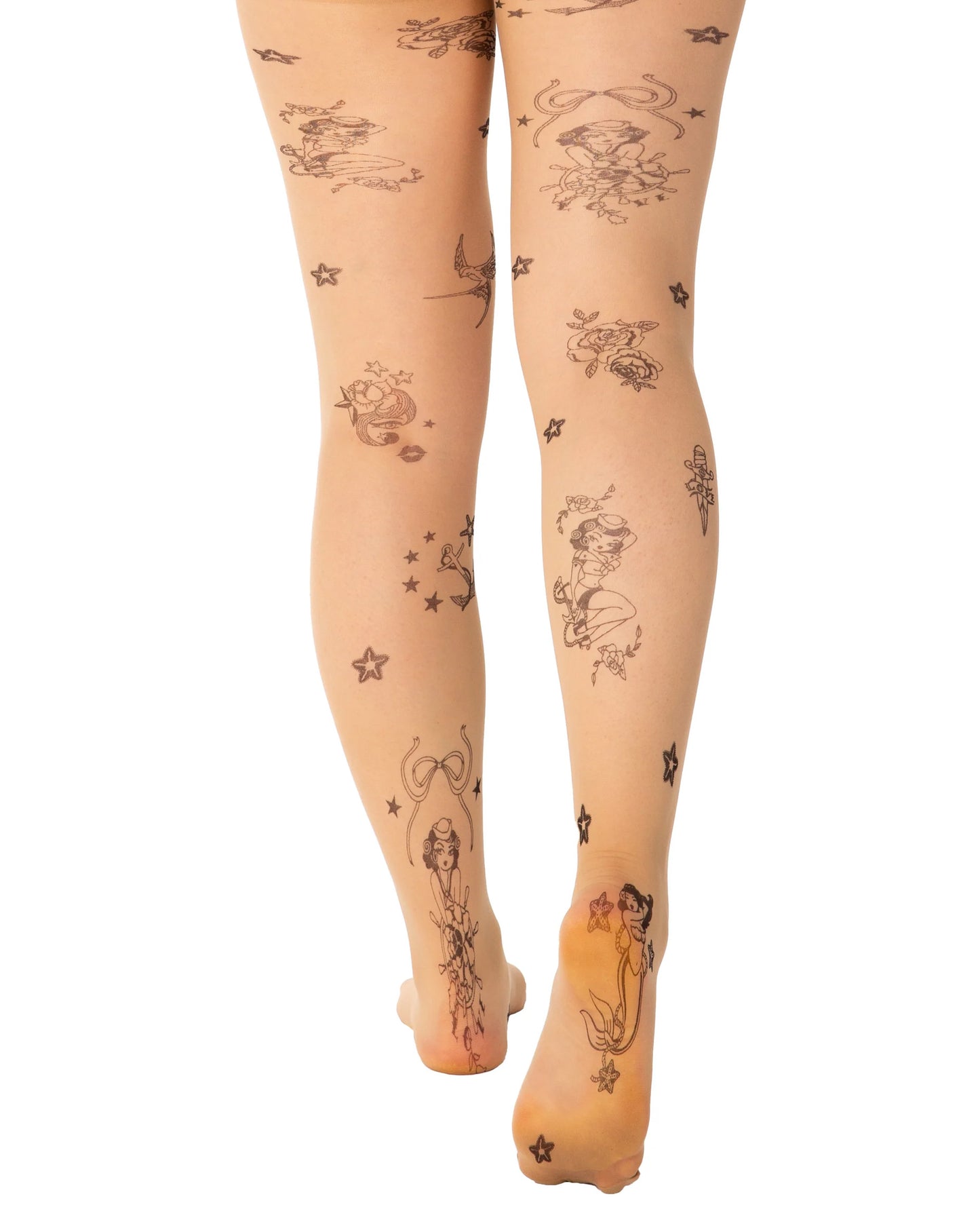 Pamela Mann Tattoo Sailor Girl Tights - nude tights with black nautical tattoo patterned print, back view