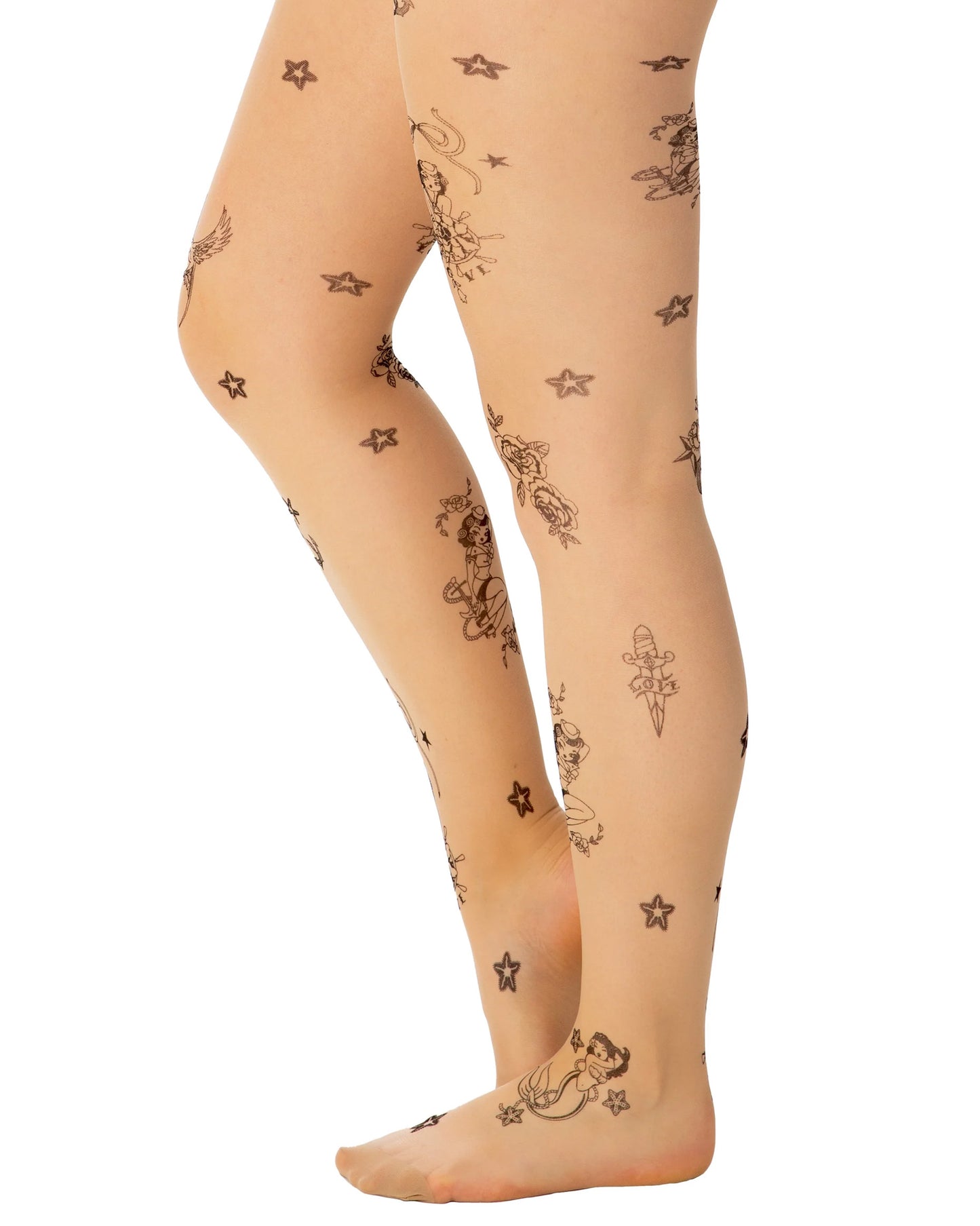 Pamela Mann Tattoo Sailor Girl Tights - nude tights with black nautical tattoo patterned print, side view