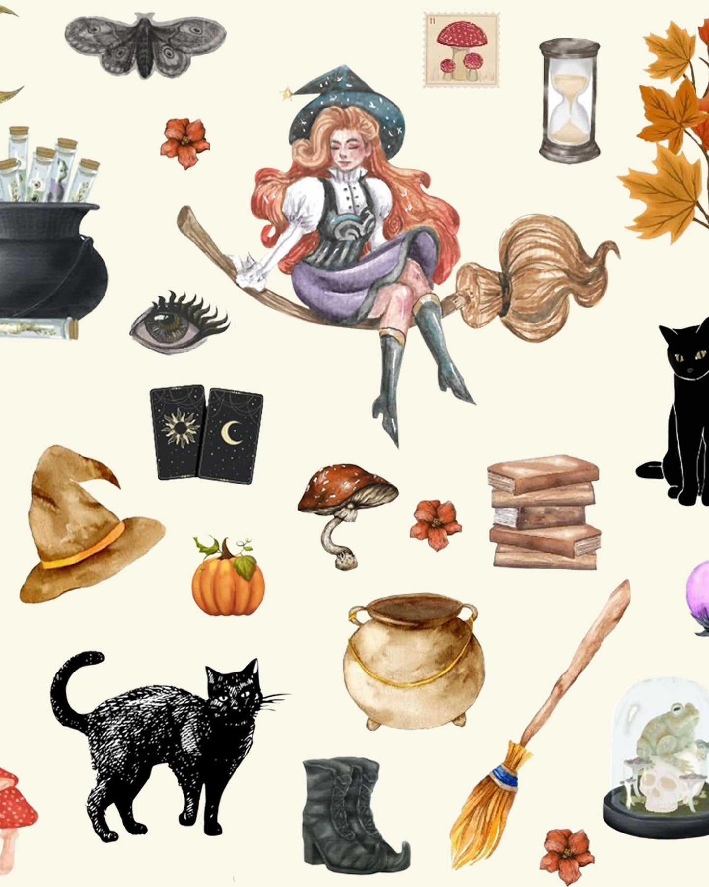 Pamela Mann Spells & Potion Tights - Off White/ivory opaque tights with an all over print of Victorian style Halloween themed illustrations, including pumpkins, cats, witches hats, broom sticks, cauldrons etc.