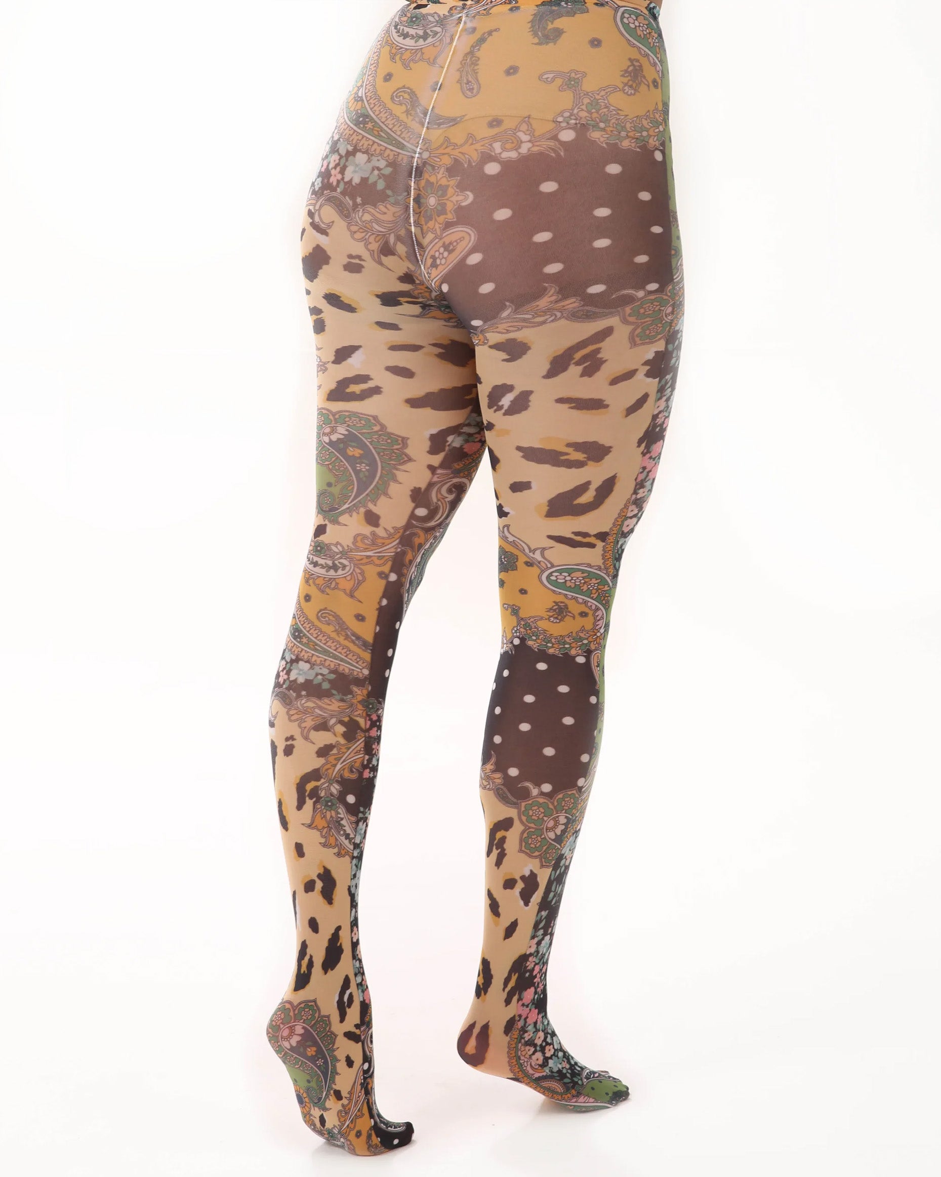 Pamela Mann Wild At Heart Printed Tights - White opaque tights with an all over digital print of a mixture of patterns including paisley, floral, polka dot and leopard print. Back view