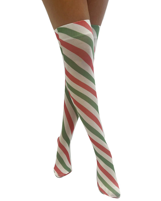 Pamela Mann Candy Cane Printed Over Knee Socks - White opaque over the knee socks with a green and red Xmas candy cane style stripe print.
