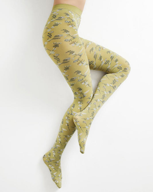 Sneakyox Carrie Pantyhose - Soft light khaki green opaque fashion tights with an all over woven floral pattern, flat seams and soft comfort waist band.