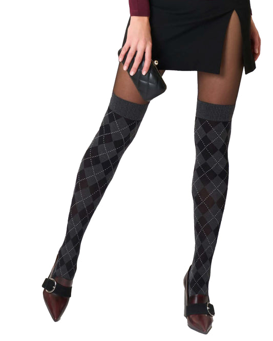 SiSi College Collant - Semi-sheer black fashion tights with a mock opaque over the knee sock with an argyle tartan pattern in grey and black