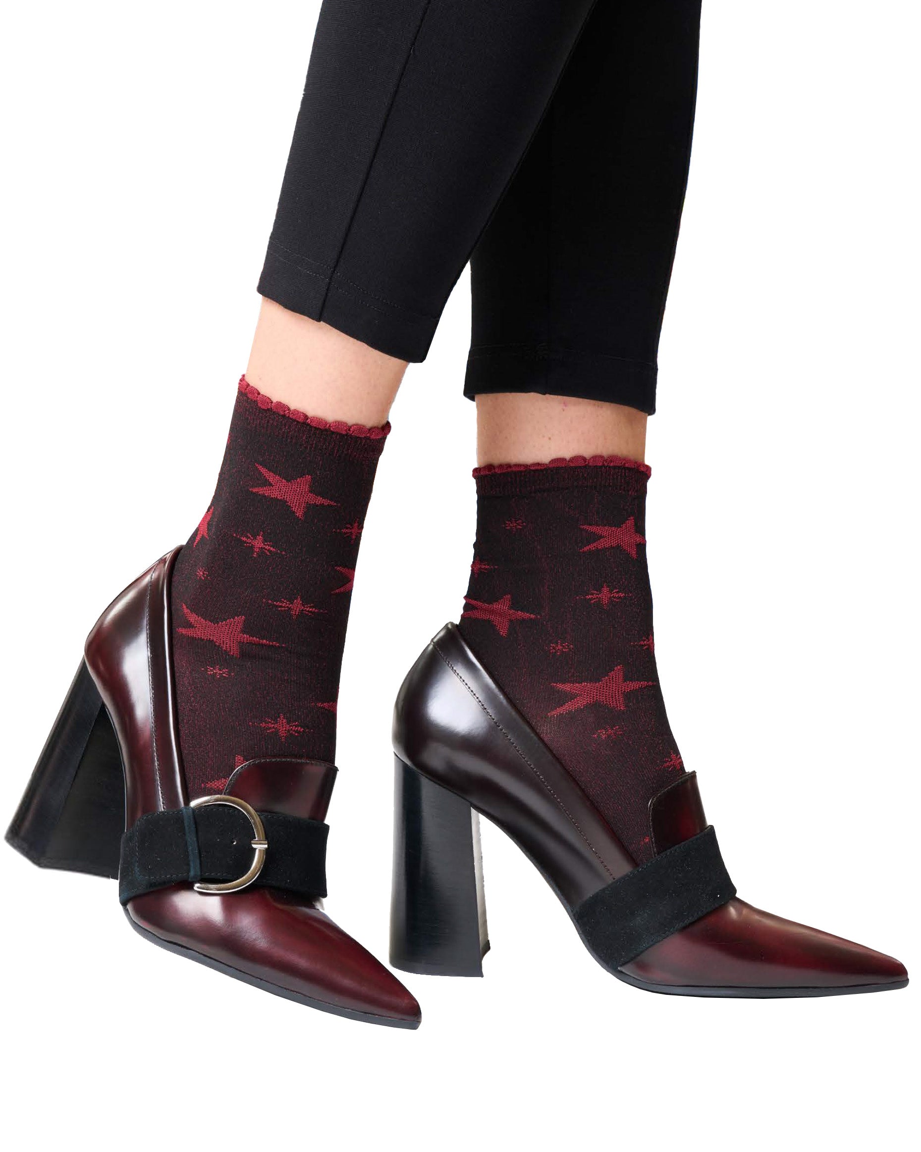 SiSi Star Calzino - Black and red coloured light viscose mix ankle socks with all over star pattern and scalloped edge cuff.