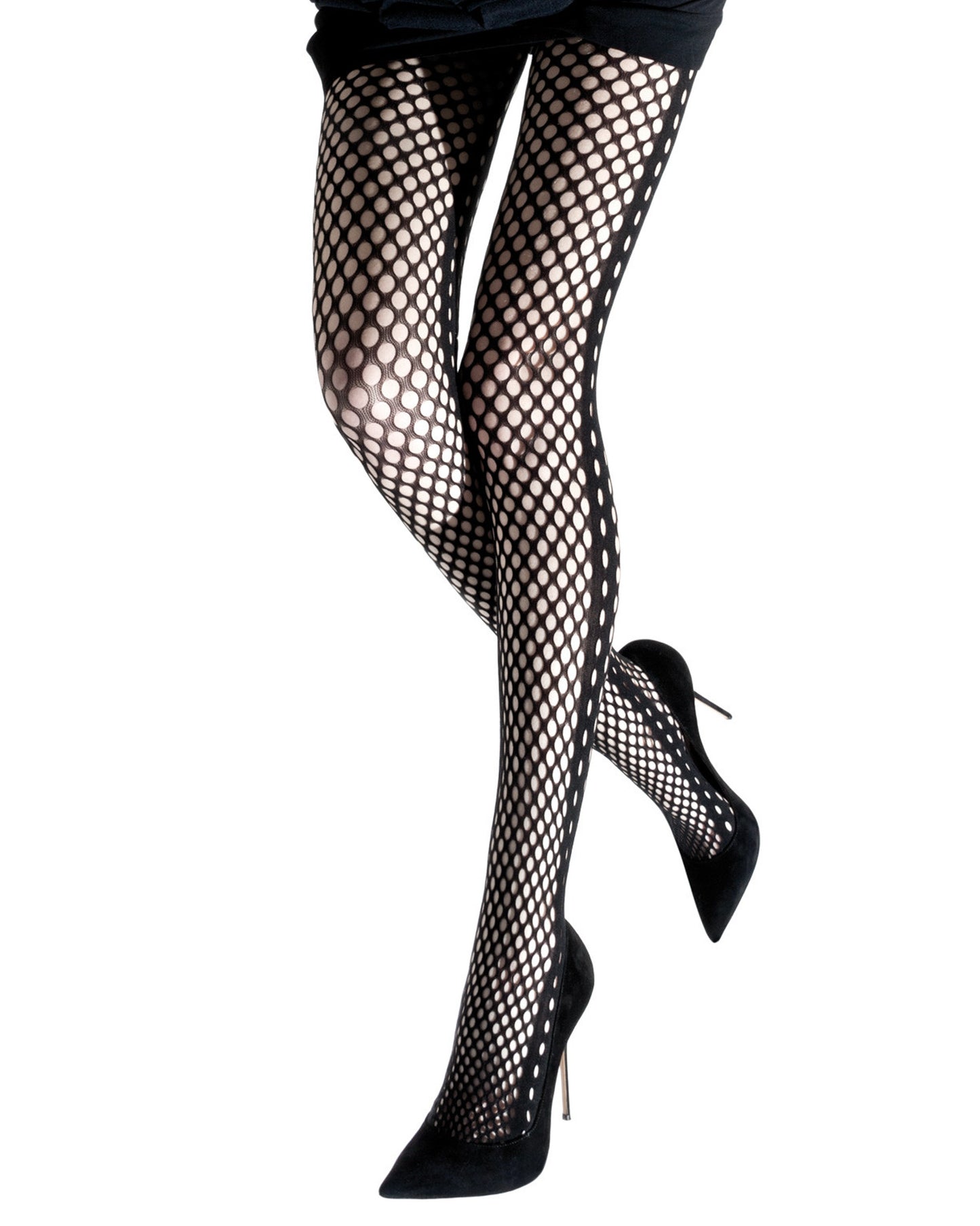 Emilio Cavallini Dots Openwork Tights - circular fishnet mesh tights with a side stripe, worn with black mini and stilettos