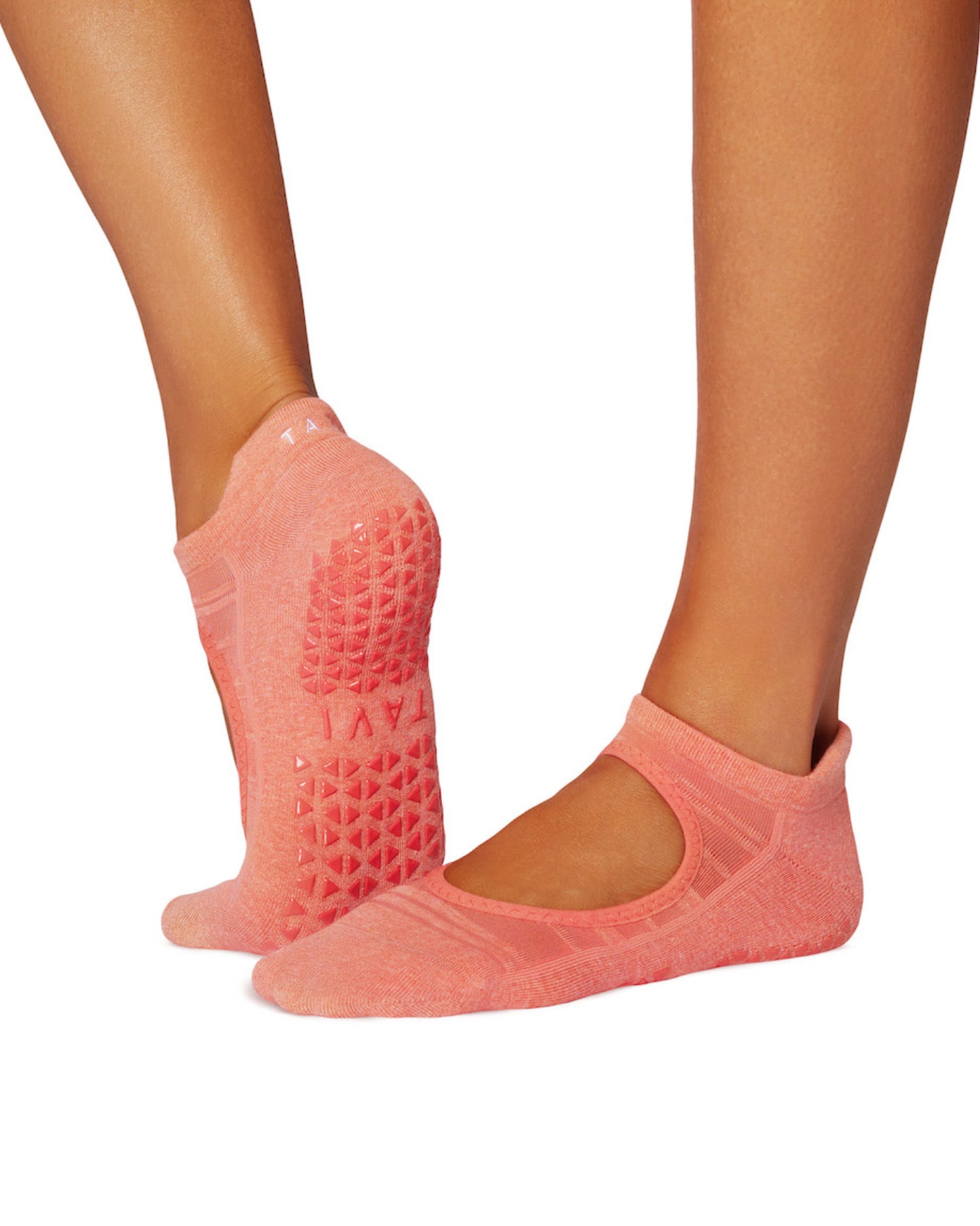 Tavi Noir Emma Sock - Peach/coral coloured low ankle socks with a stripe pattern, strong grip sole, side view.