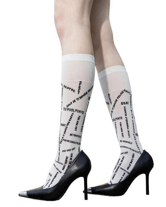 Trasparenze Las Vegas Knee-High Socks - White opaque fashion knee-high socks with slogans and motivational text woven pattern in black.