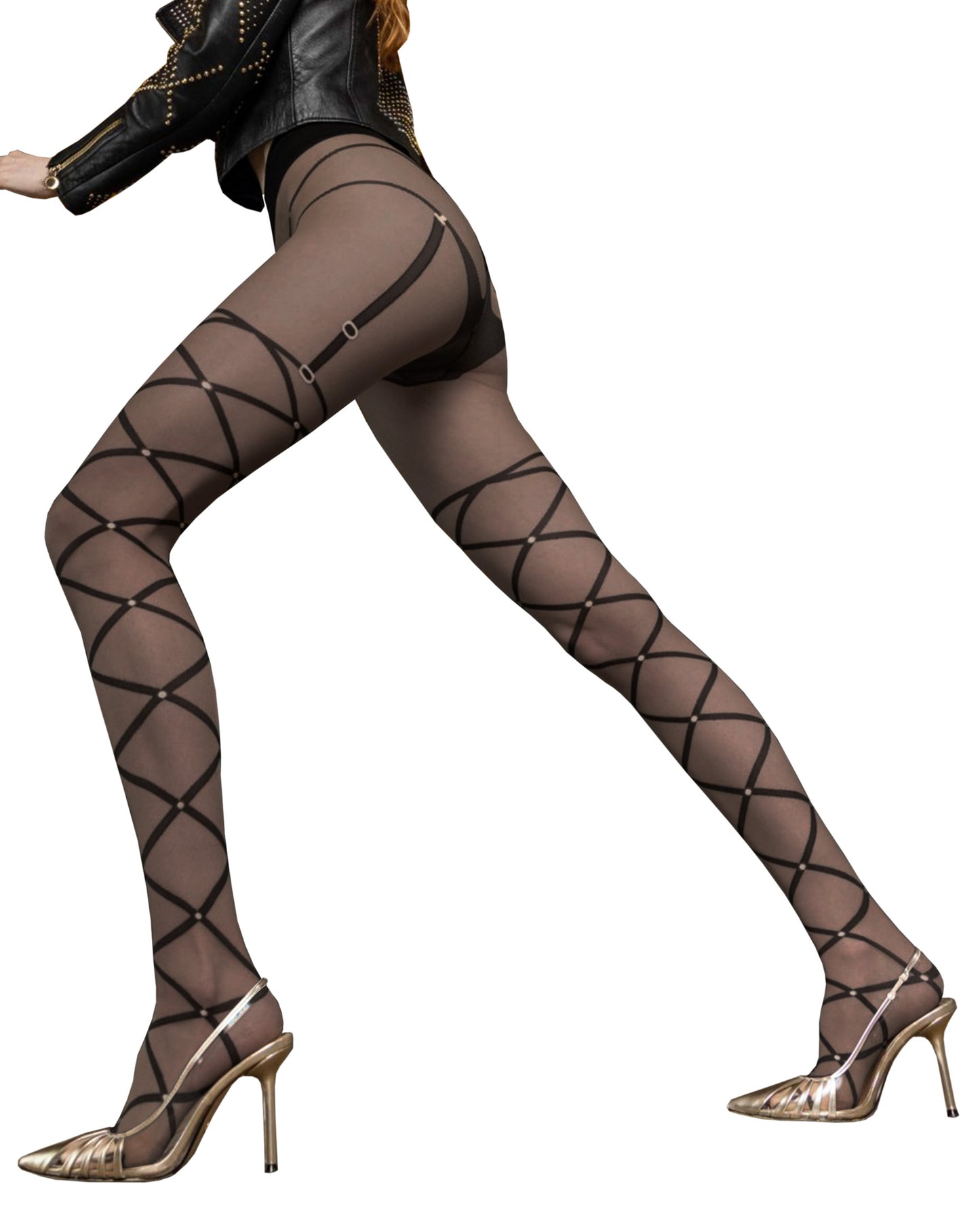 Trasparenze Toronto Collant - Sheer black fashion tights with a black linear diamond pattern that look like leg wraps with faux suspender straps and brief with light grey details.