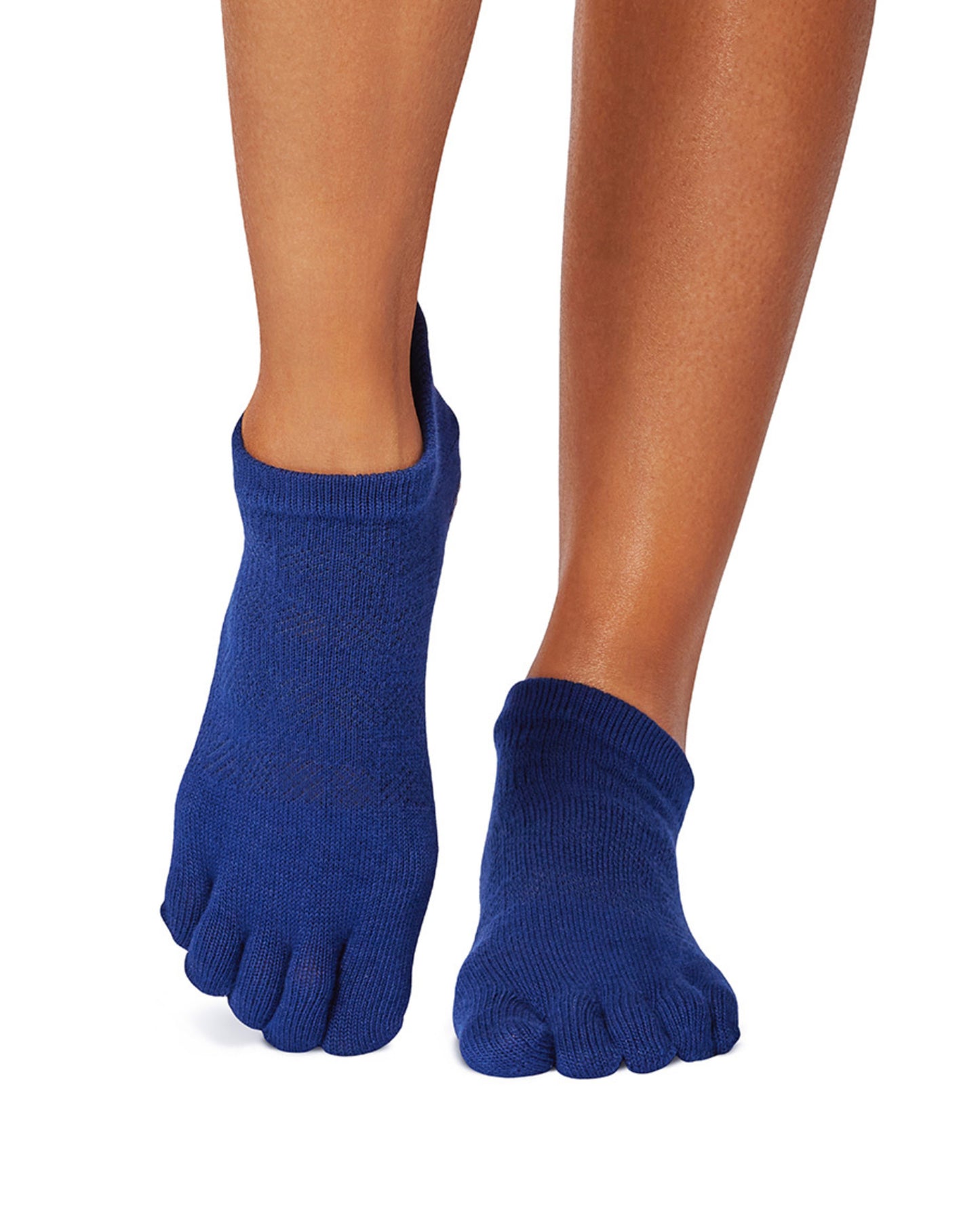 ToeSox Low Rise F/T Sock - Navy blue cotton socks with individual toes and gripper sole with a geometric self pattern, front view.
