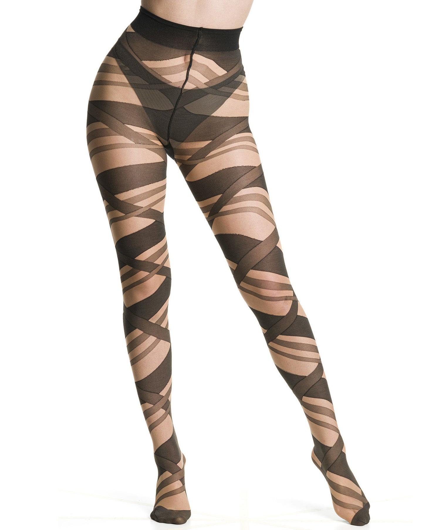 Sheer nude fashion tights with a black opaque criss cross diagonal stripe pattern that resembles ribbons or bandages.