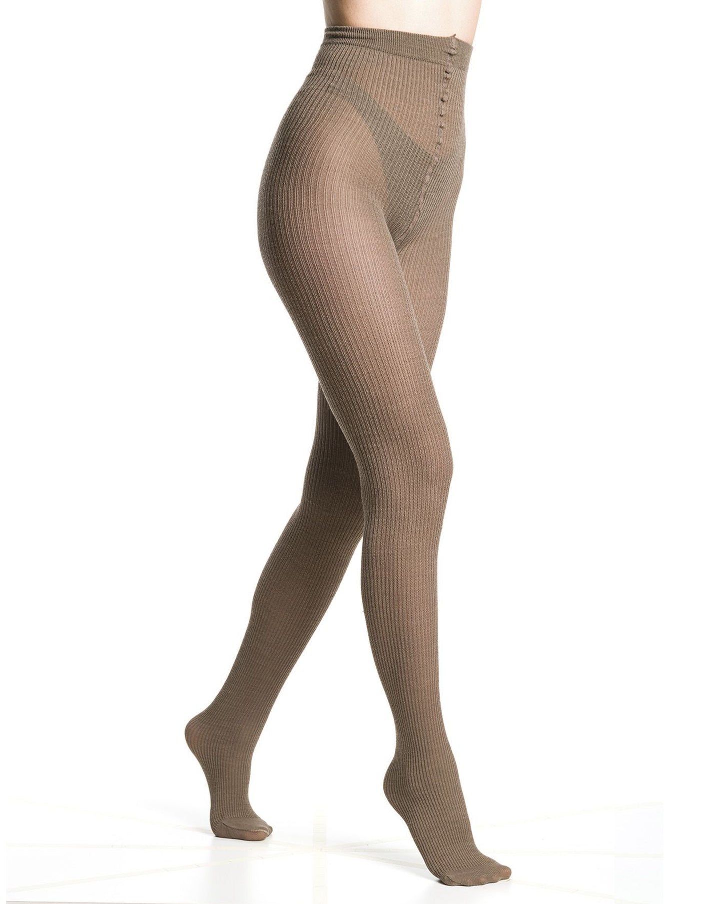 Light brown/beige ribbed knitted tights worn by a person on a white background