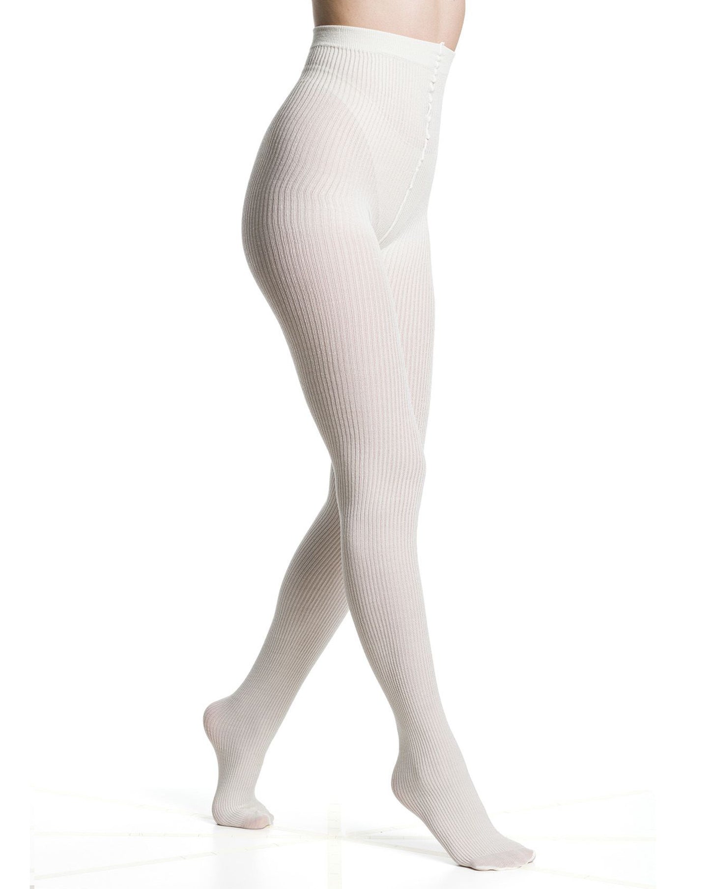 Cream/ivory ribbed knitted tights worn by a person on a white background