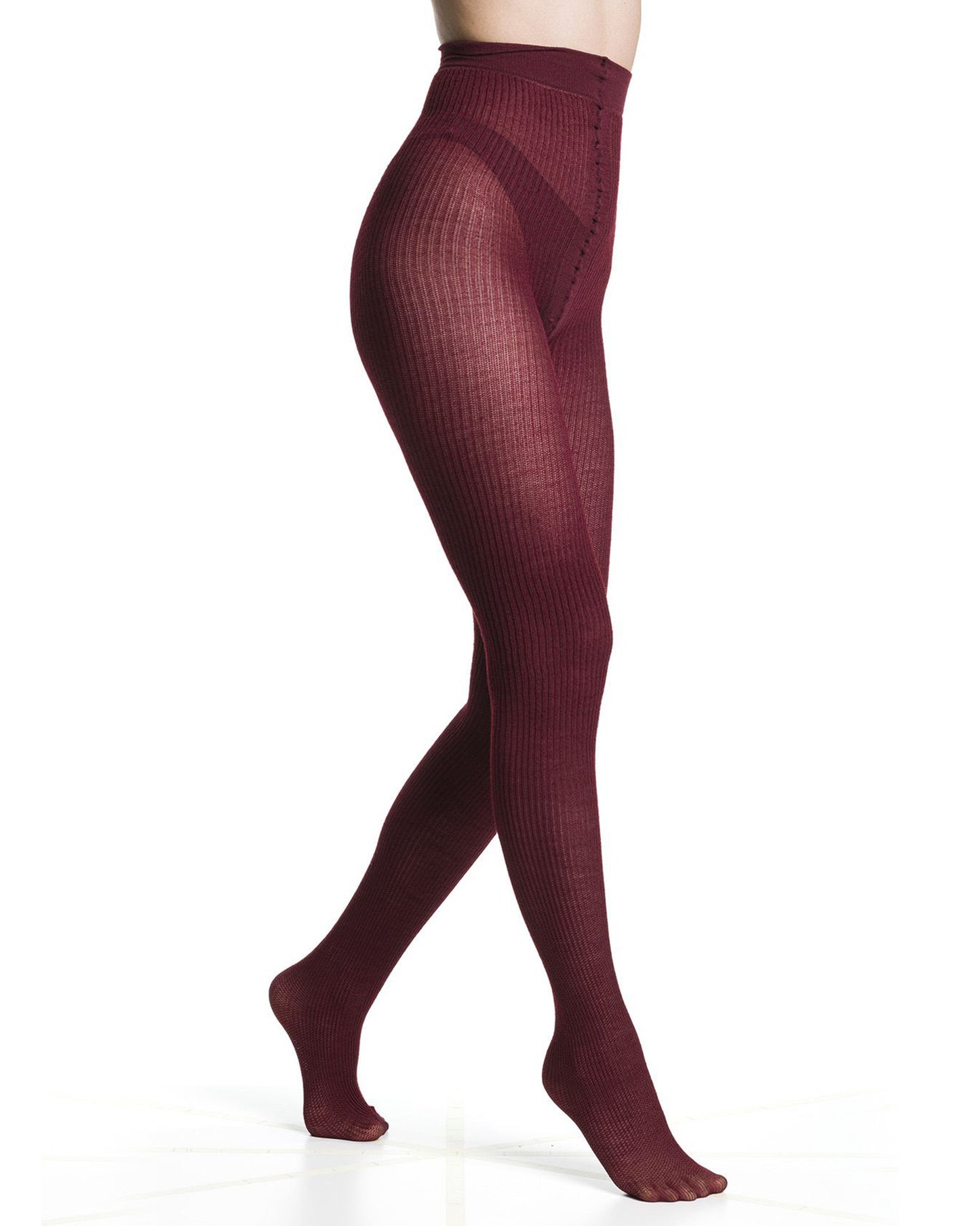 Wine/burgundy ribbed knitted tights worn by a person on a white background