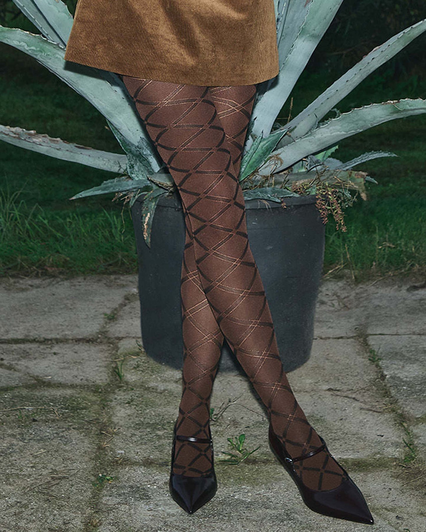 Woman wearing brown and black diamond pattern tights and high heels standing in front of a plant.