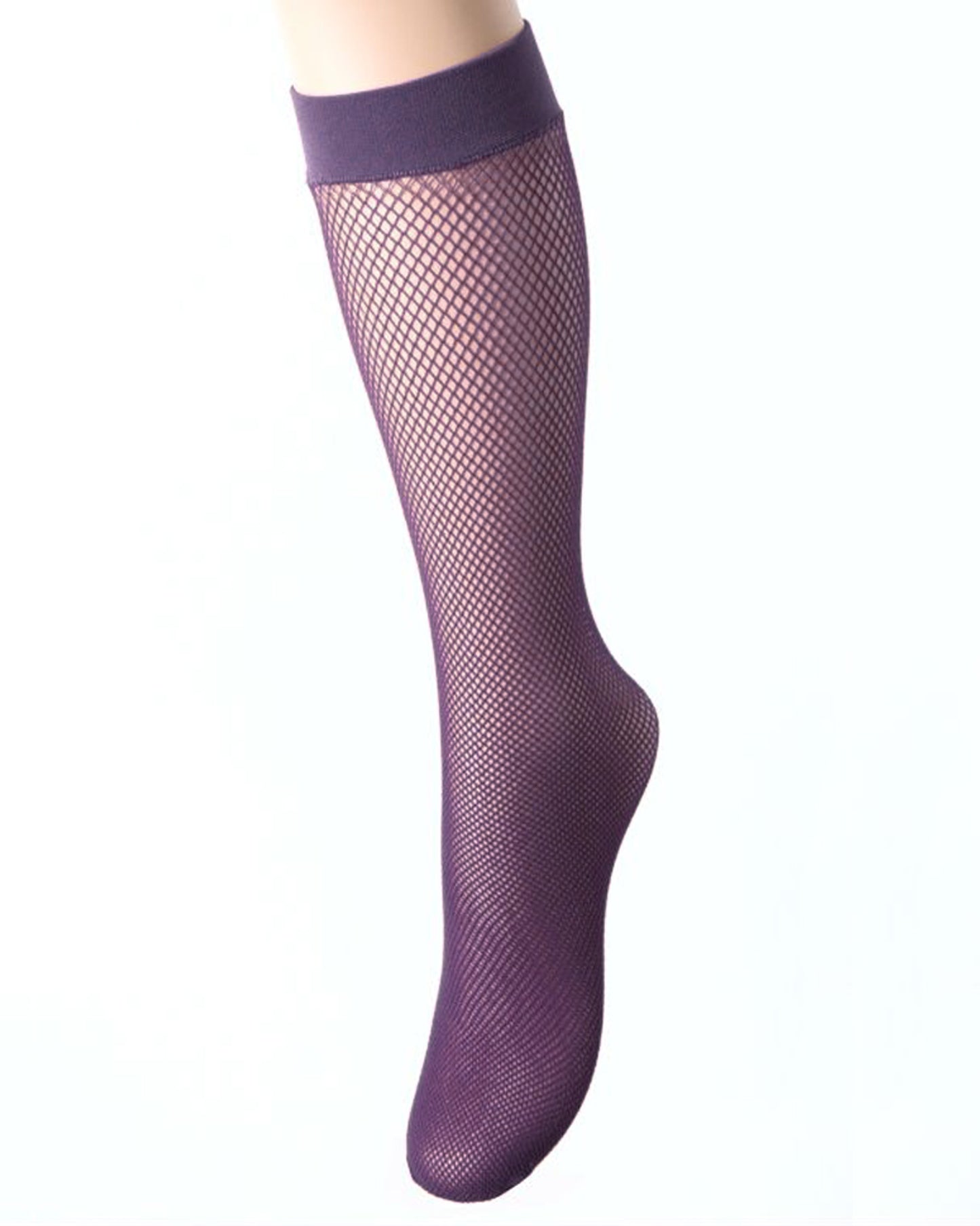 Trasparenze Ambra Gambaletto - Classic micro fishnet knee-high socks with a plain elasticated cuff in a dark purple colour (prugna).
