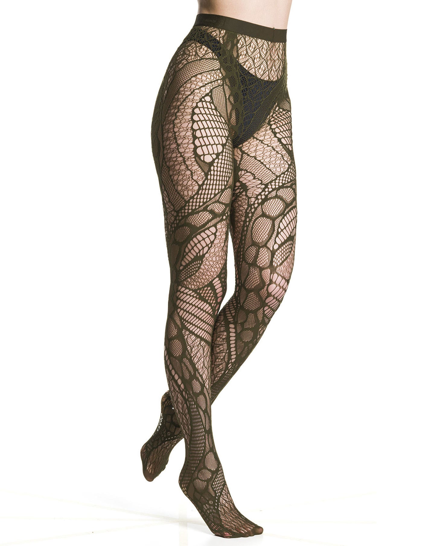 Dark khaki green assorted panel lace fishnet tights on a white background
