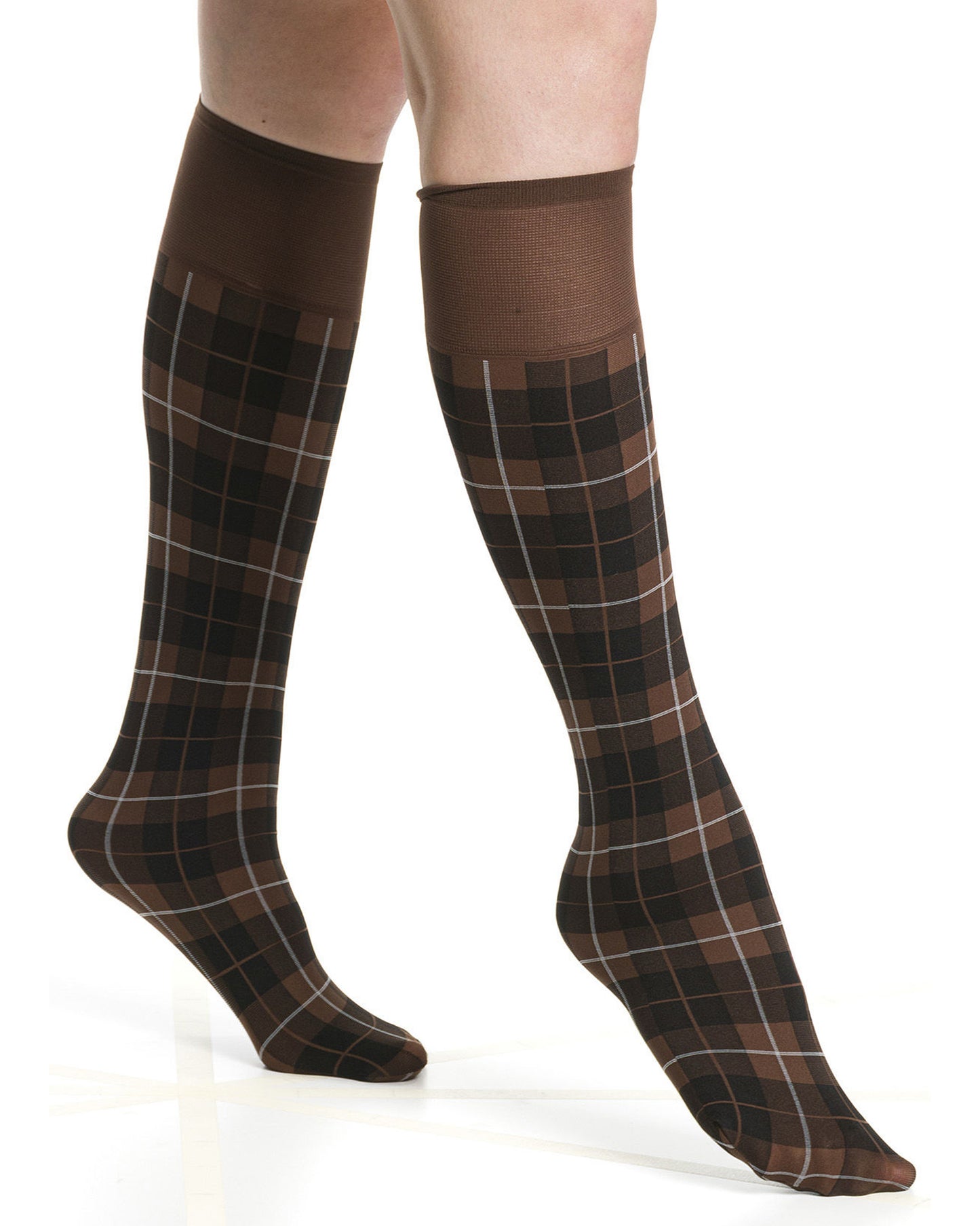 Brown and black plaid knee-high socks on a white background