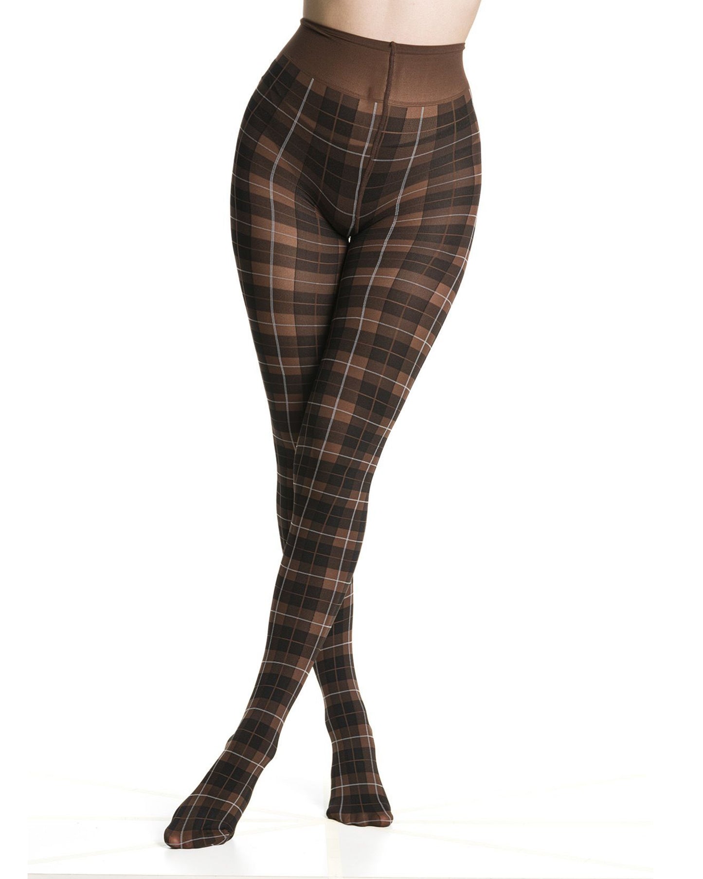 Brown and black plaid tights worn by a person on a white background