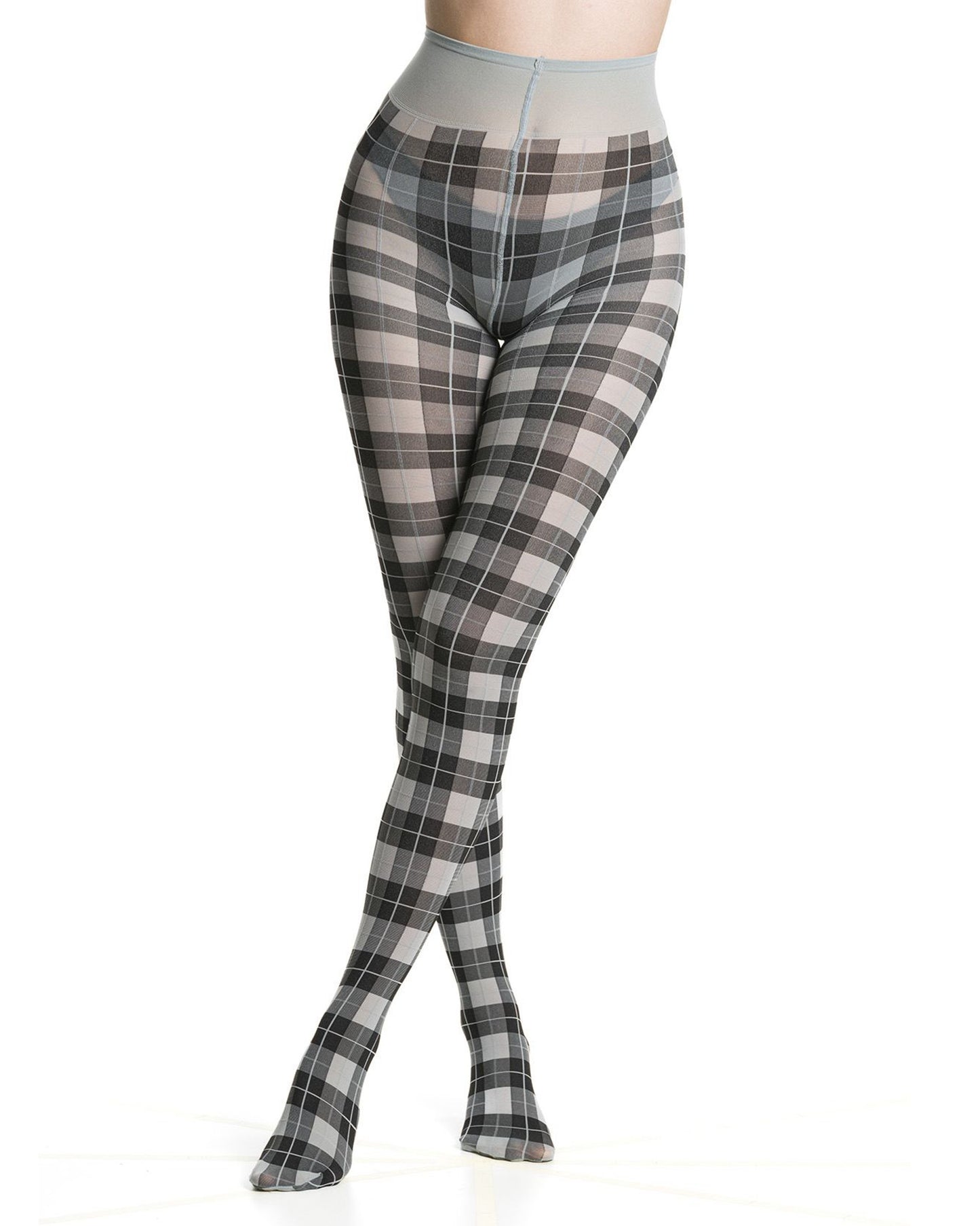 Light grey plaid/tartan patterned tights on a white background