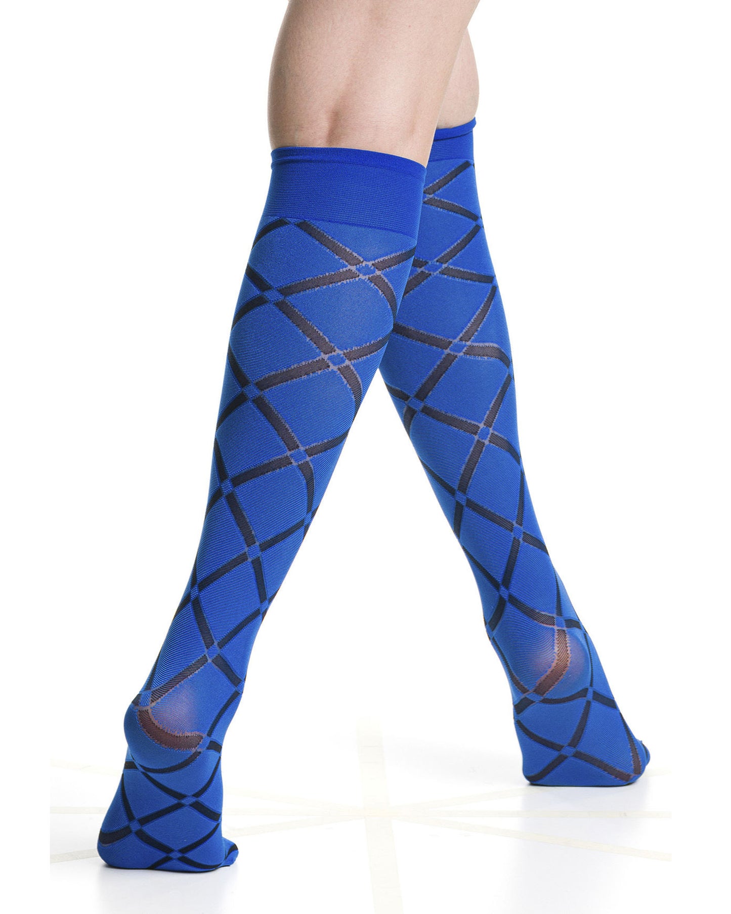 Soft opaque royal blue fashion knee-highs with a black linear diamond pattern and deep comfort cuff.