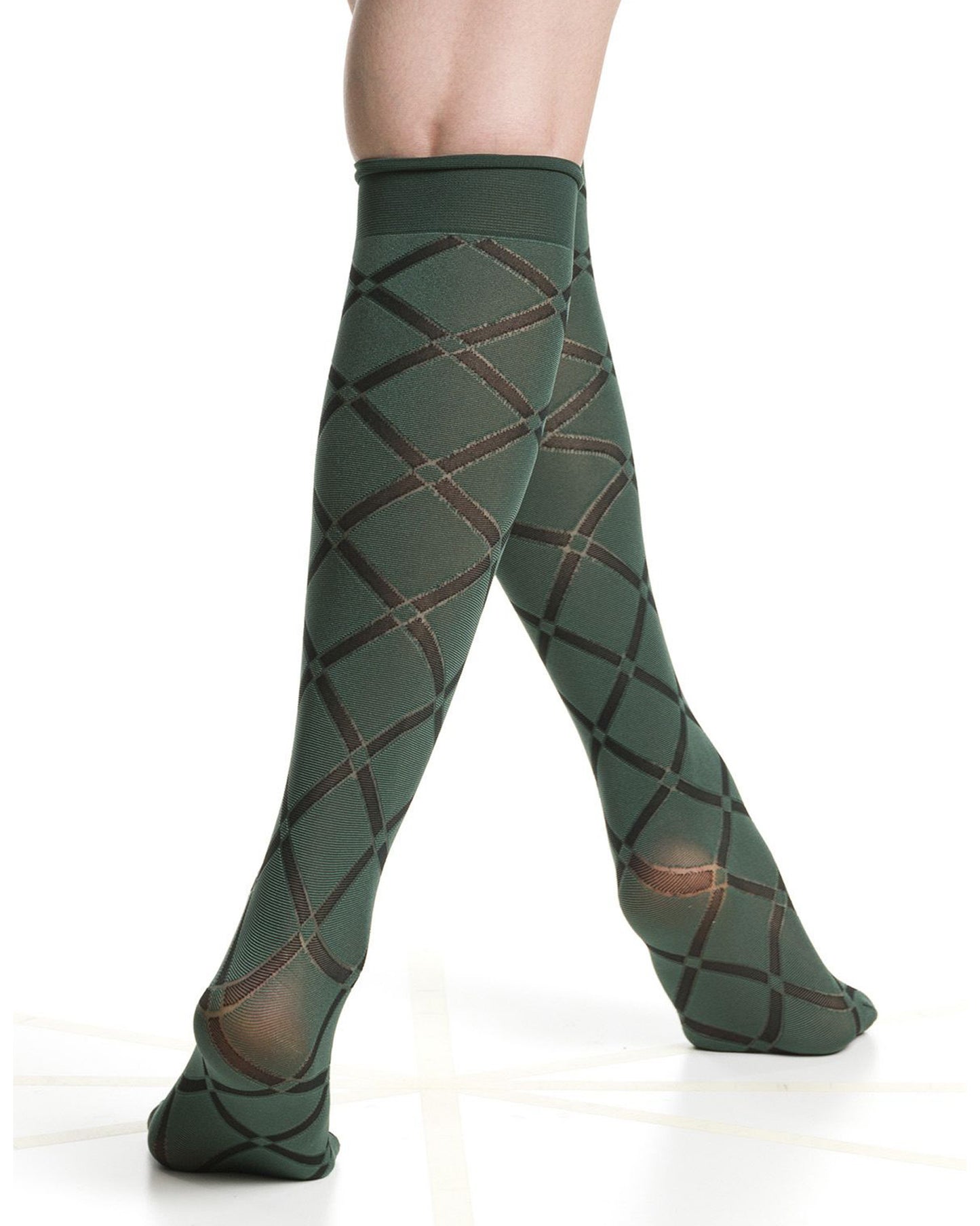 Soft opaque dark green fashion knee-highs with a black linear diamond pattern and deep comfort cuff.