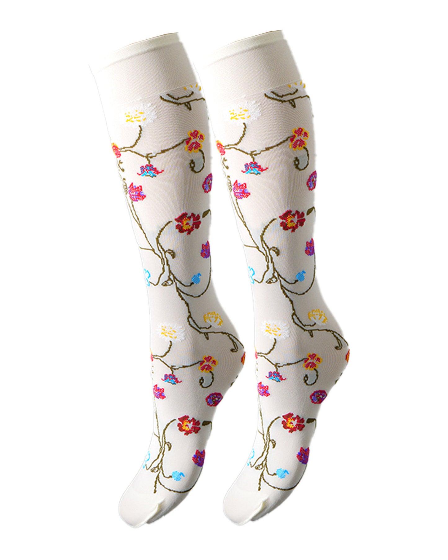 Cream sock with colourful floral patterns on a white background