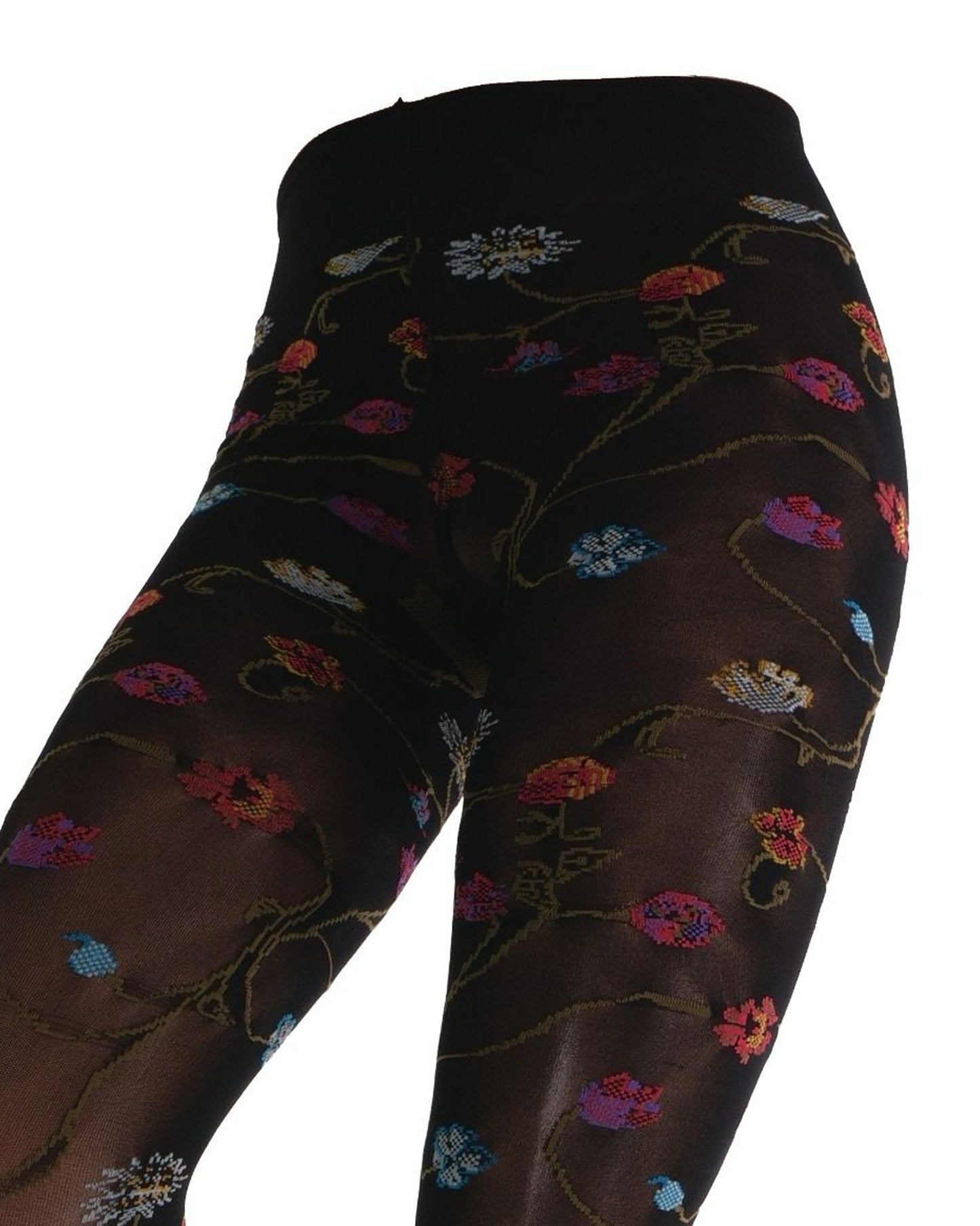 Black coloured tights with a colourful floral patterned (close up of waist band & gusset) on a white background