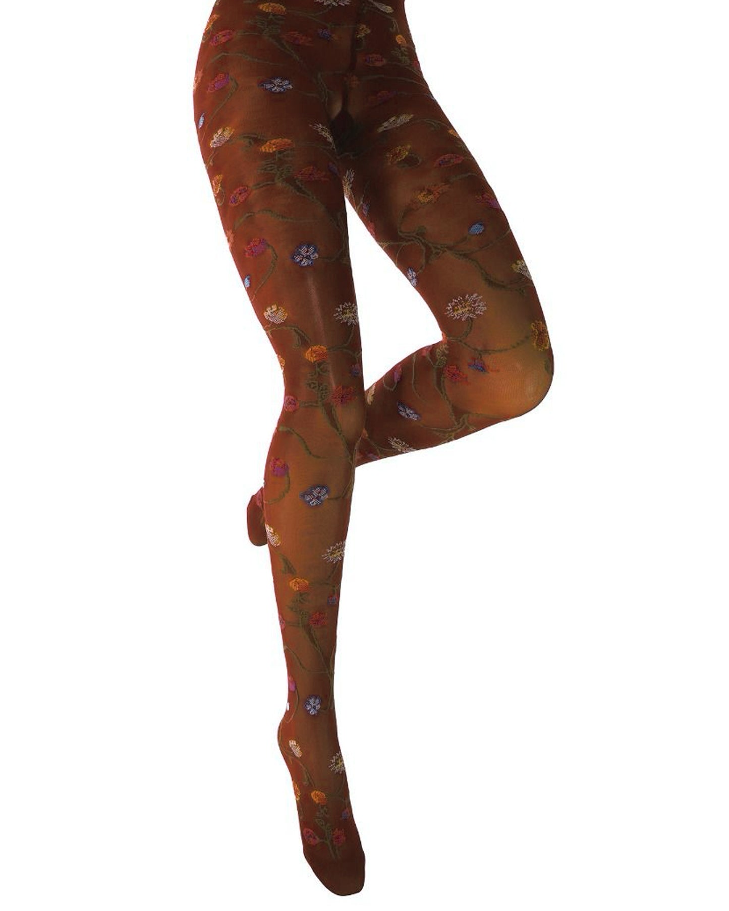 Light brown coloured tights with a colourful floral patterned on a white background