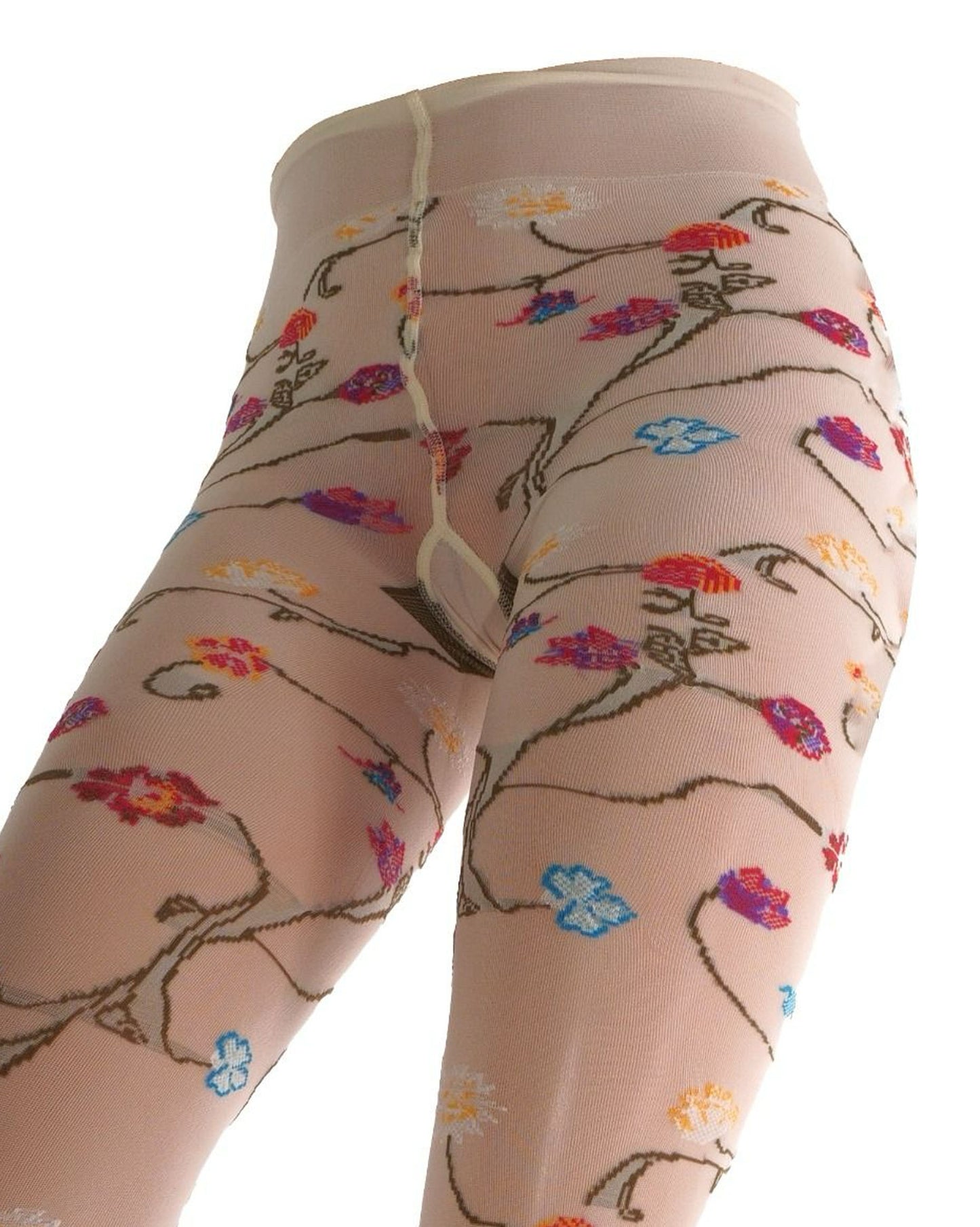 Cream coloured tights with a colourful floral patterned (close up of waist band & gusset) on a white background