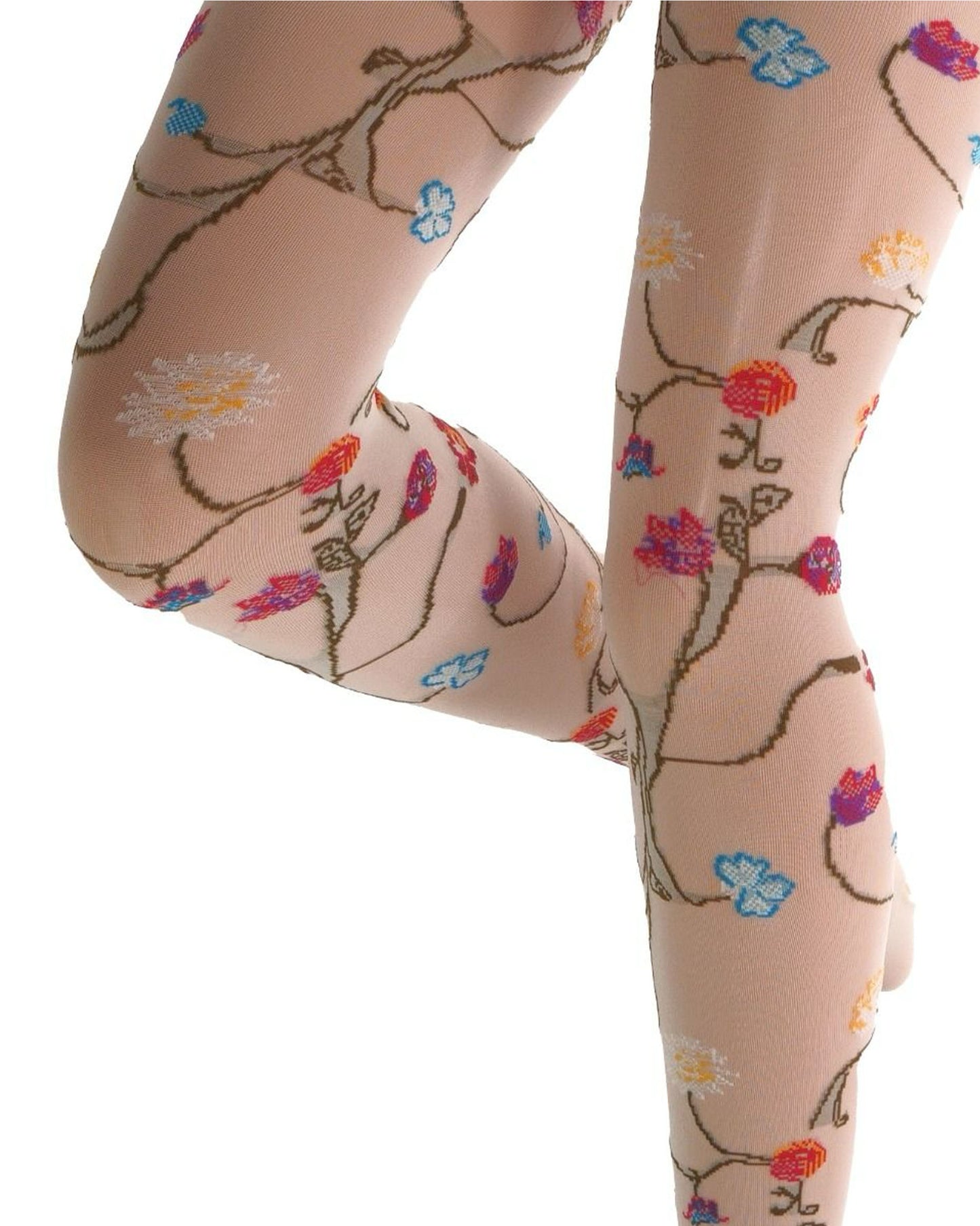 Ivory coloured tights with a colourful floral patterned (close up detail) on a white background