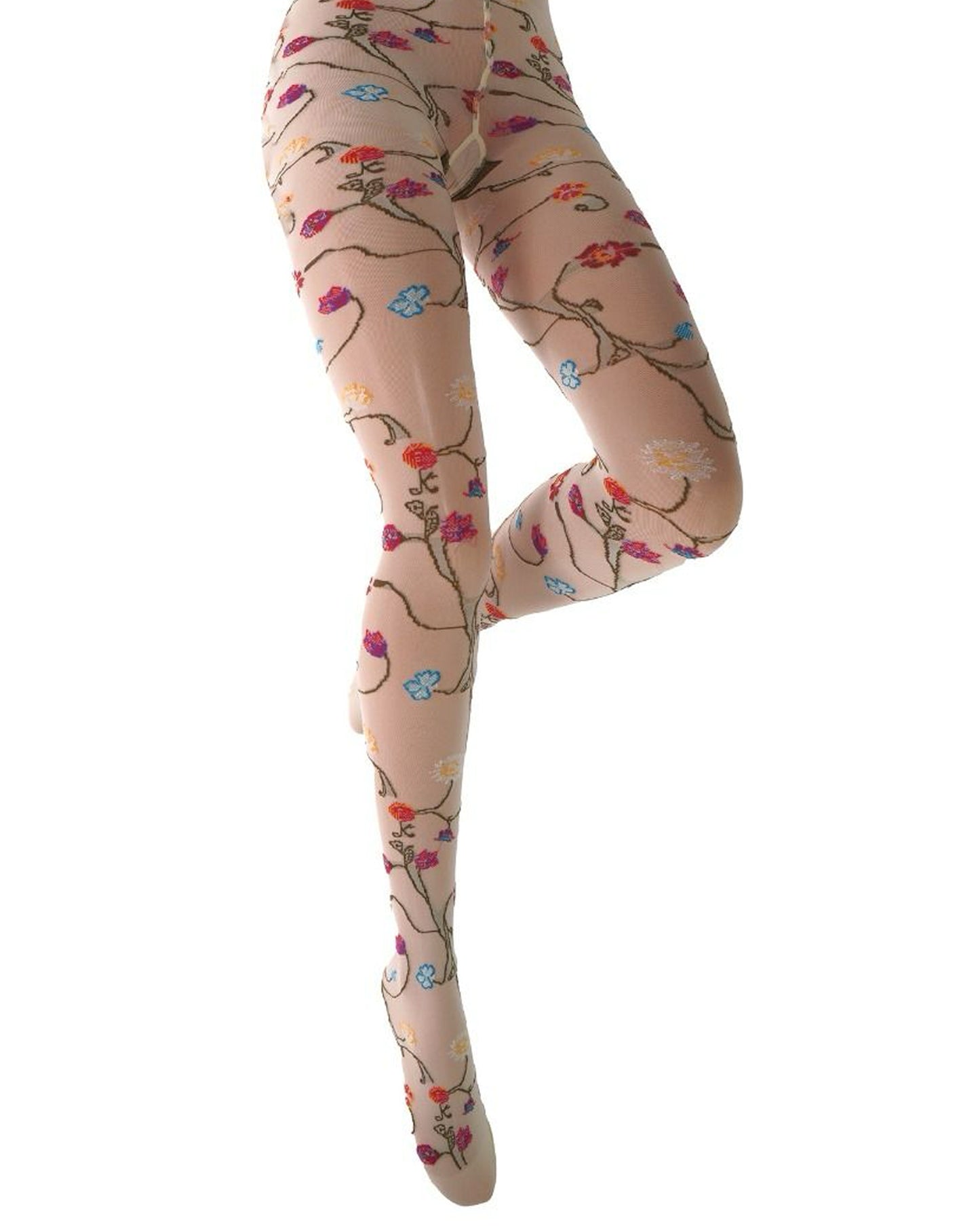 Cream tights with a colourful floral pattern on a white background