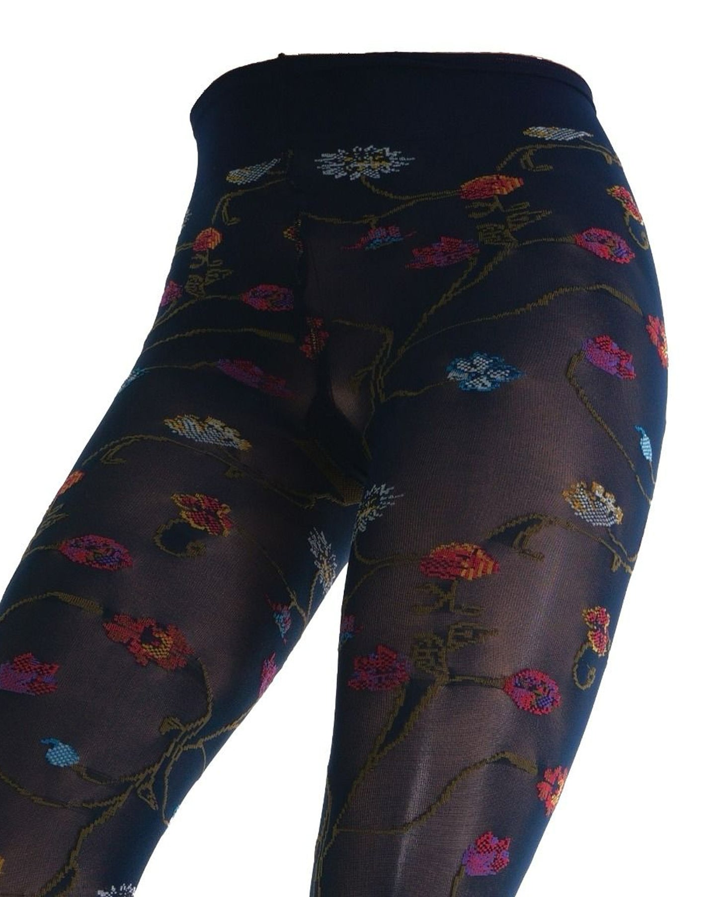 Navy blue coloured tights with a colourful floral patterned (close up of waist band & gusset) on a white background
