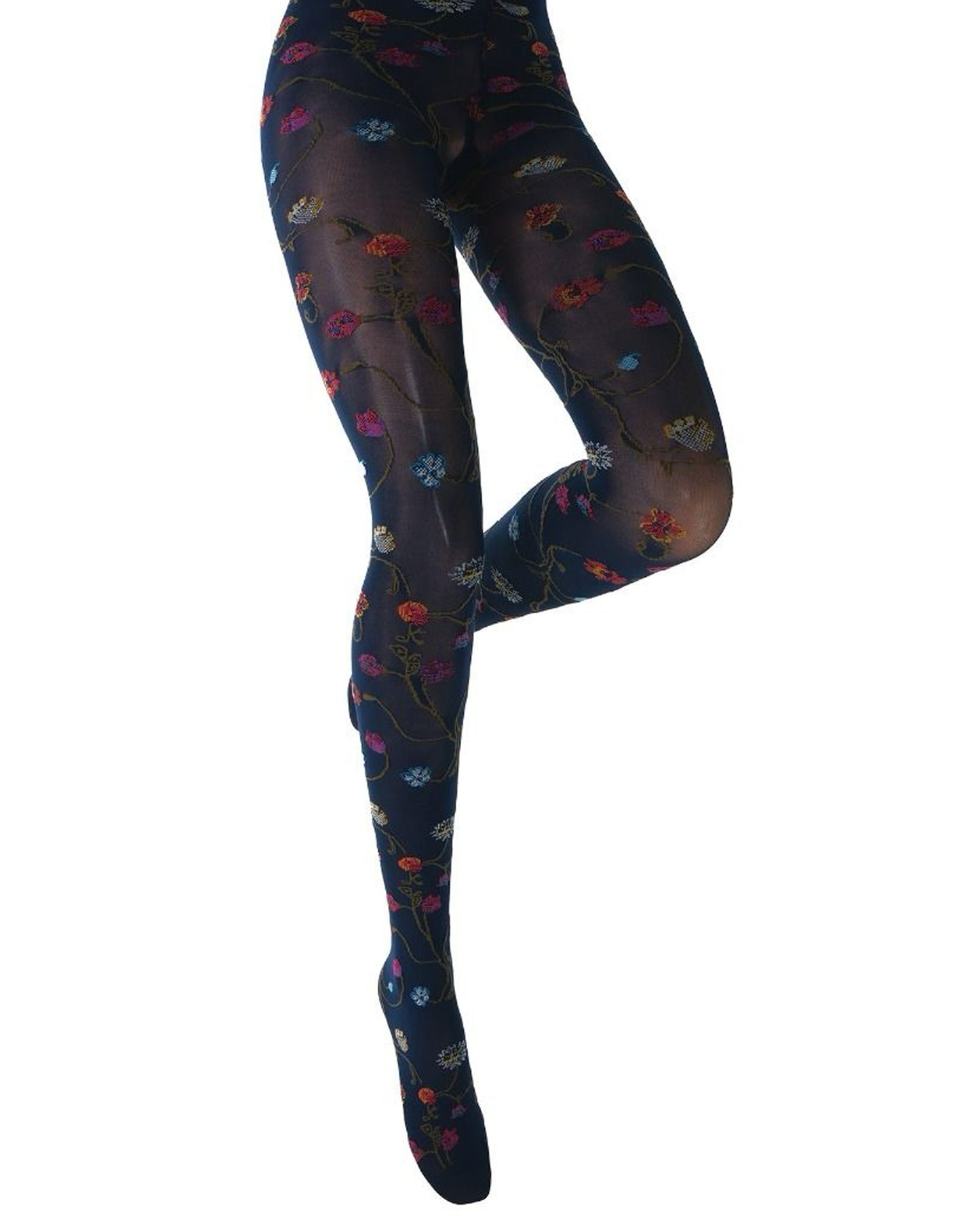 Navy blue coloured tights with a colourful floral patterned on a white background