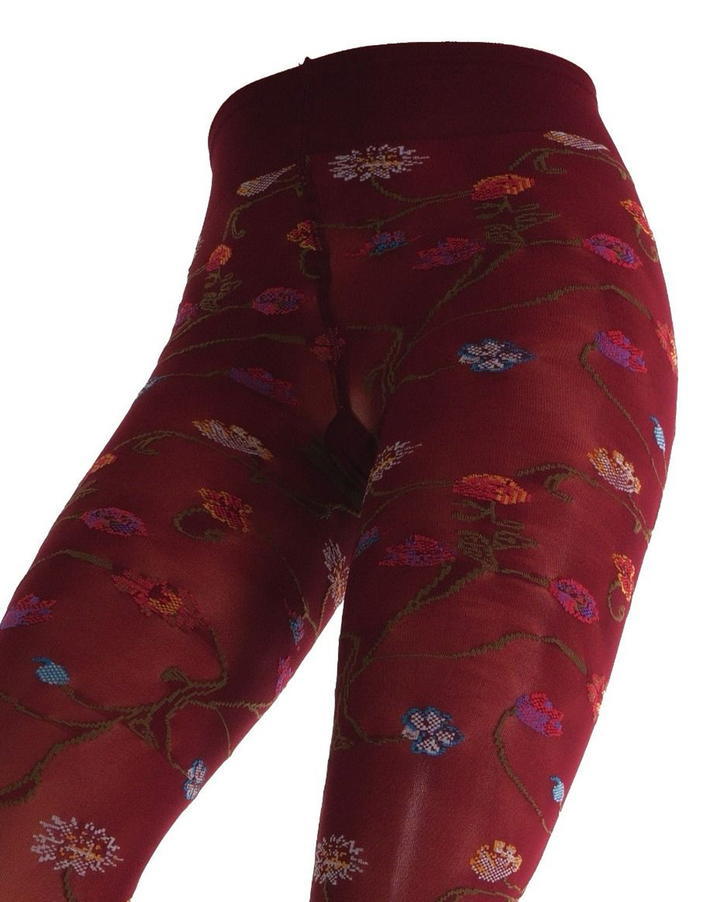 Dark red coloured tights with a colourful floral patterned (close up of waist band & gusset) on a white background