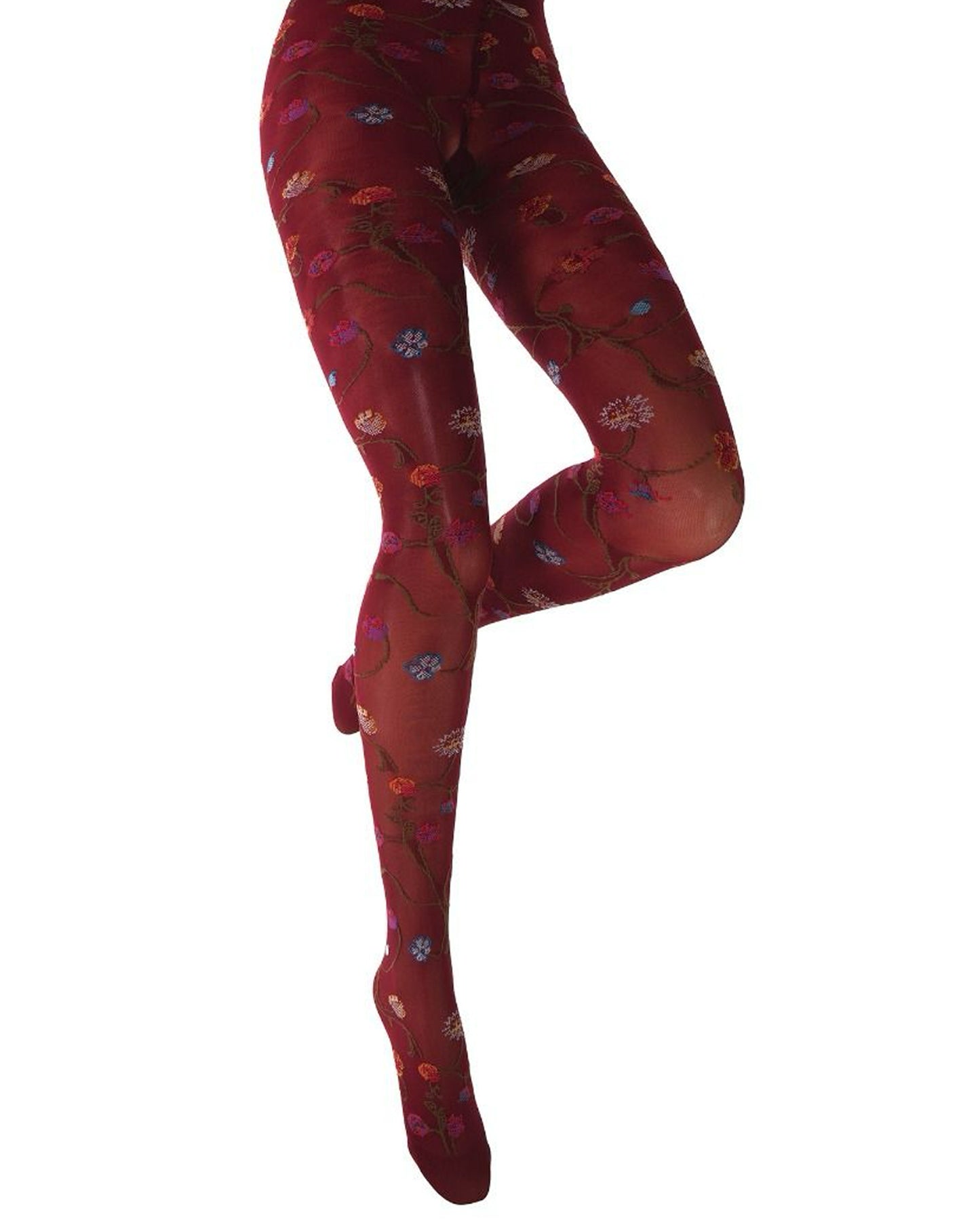 Wine coloured tights with a colourful floral patterned on a white background