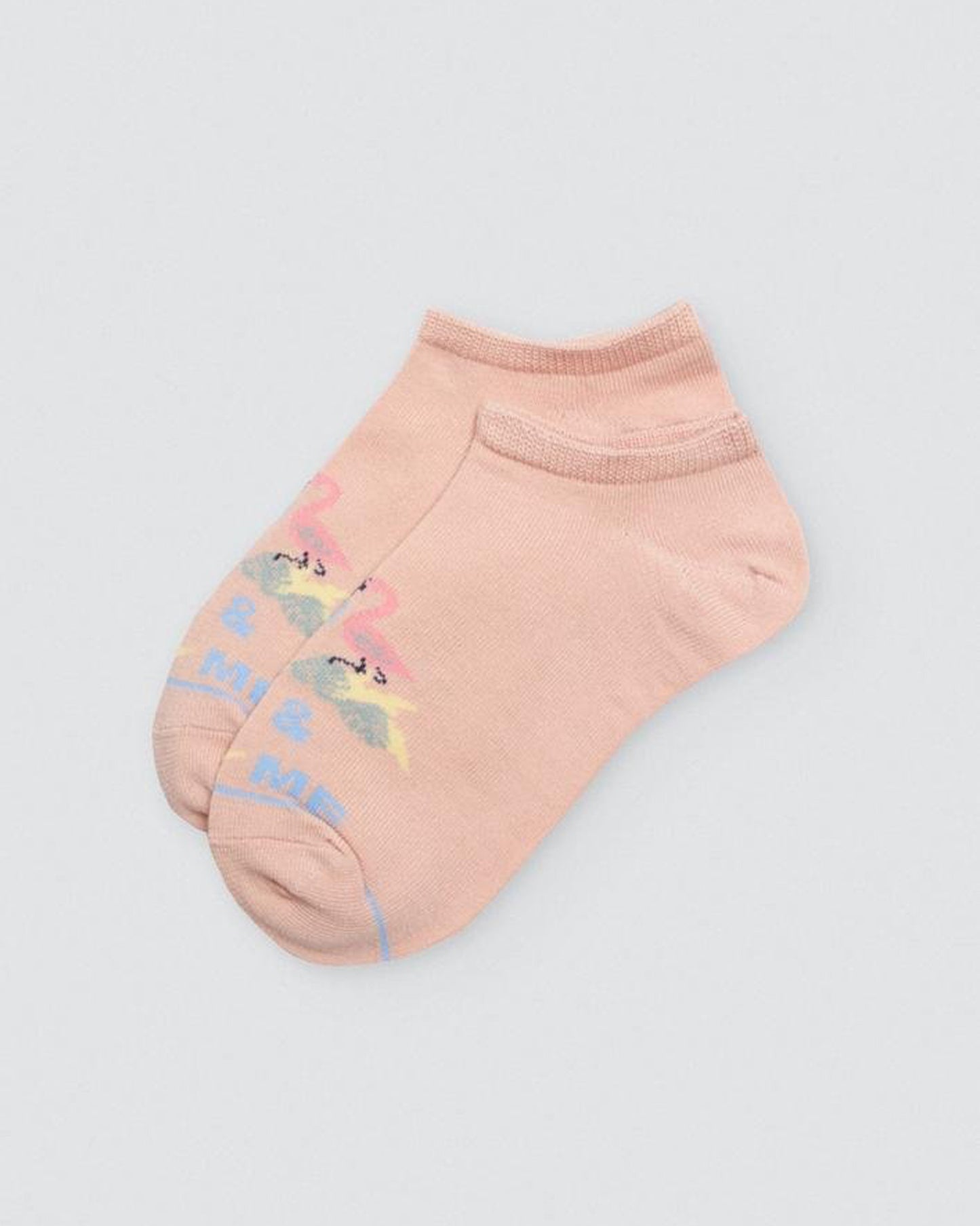 Ysabel Mora Flamingo Sock - Peach coloured low ankle cotton socks with a couple of flamingos and "you & me" text motif on the front.