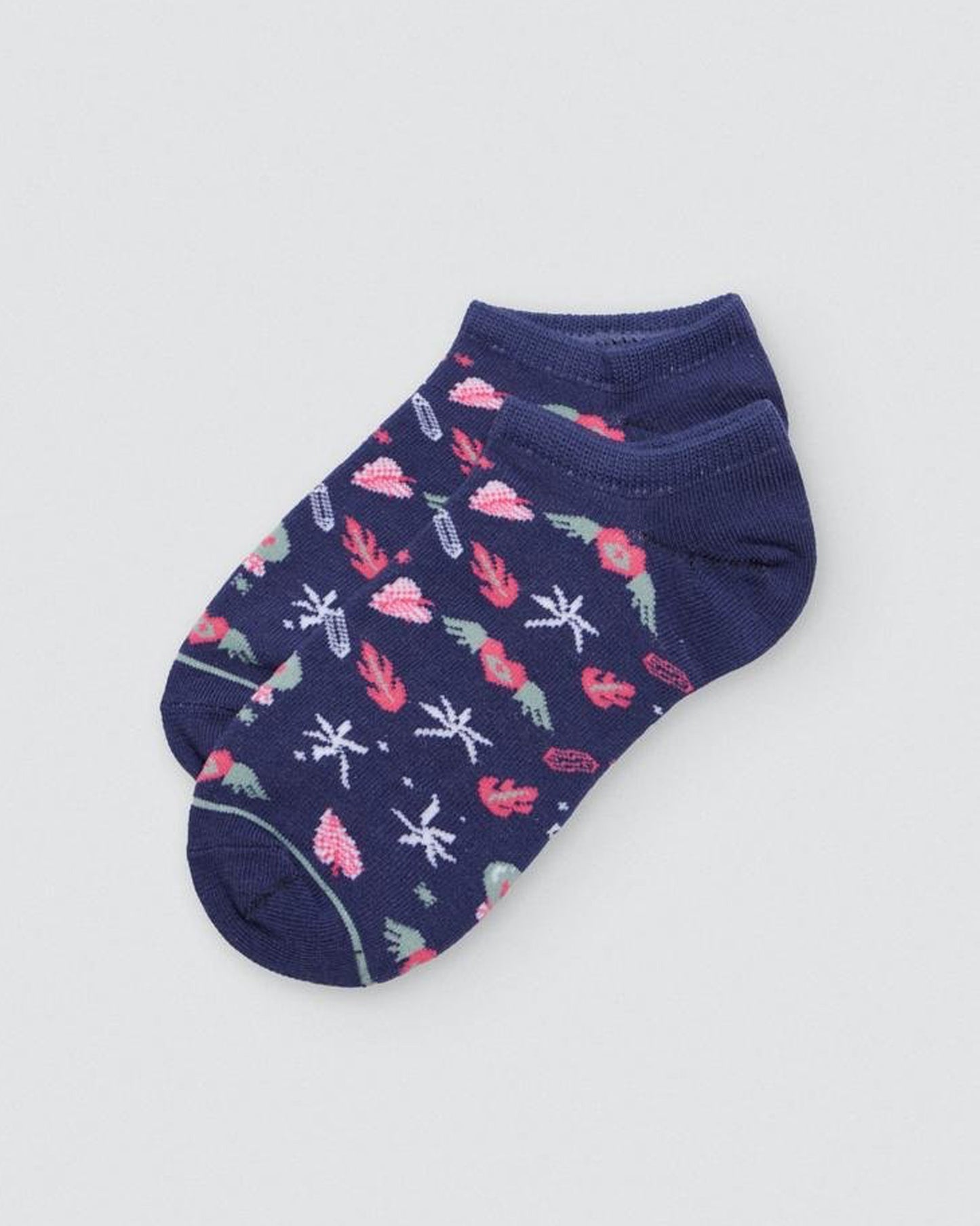 Ysabel Mora Flying Hearts Sock - Navy low ankle socks with flying hearts, leaves, flowers & crystals in pink, sage green and white.
