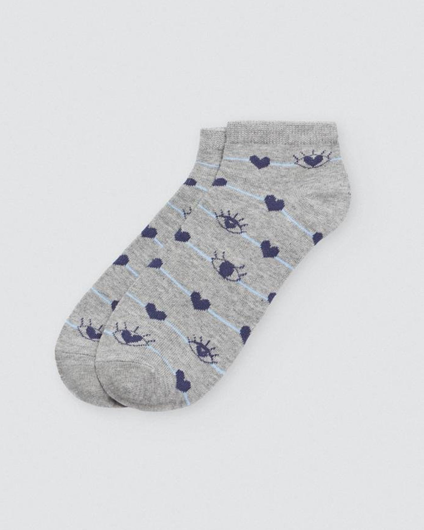Ysabel Mora Heart & Eye Socks - Low ankle cotton socks with a navy heart and eyes pattern on a thin light blue stripe.